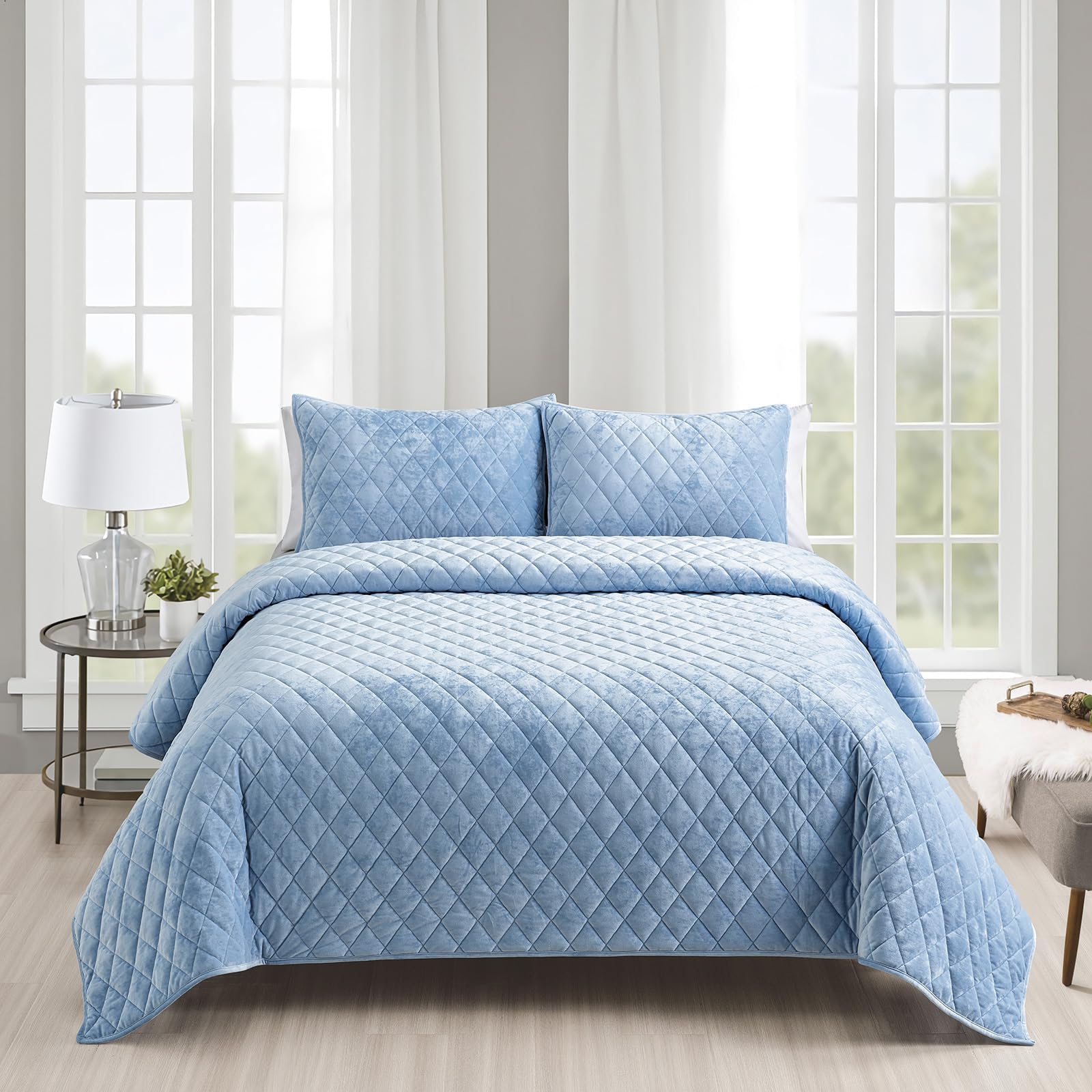 Fredsure Distressed Velvet Quilt Set, 3 Pieces Light Blue King, Distressed Velvet Face And Brushed Microfiber Reverse With Diamo