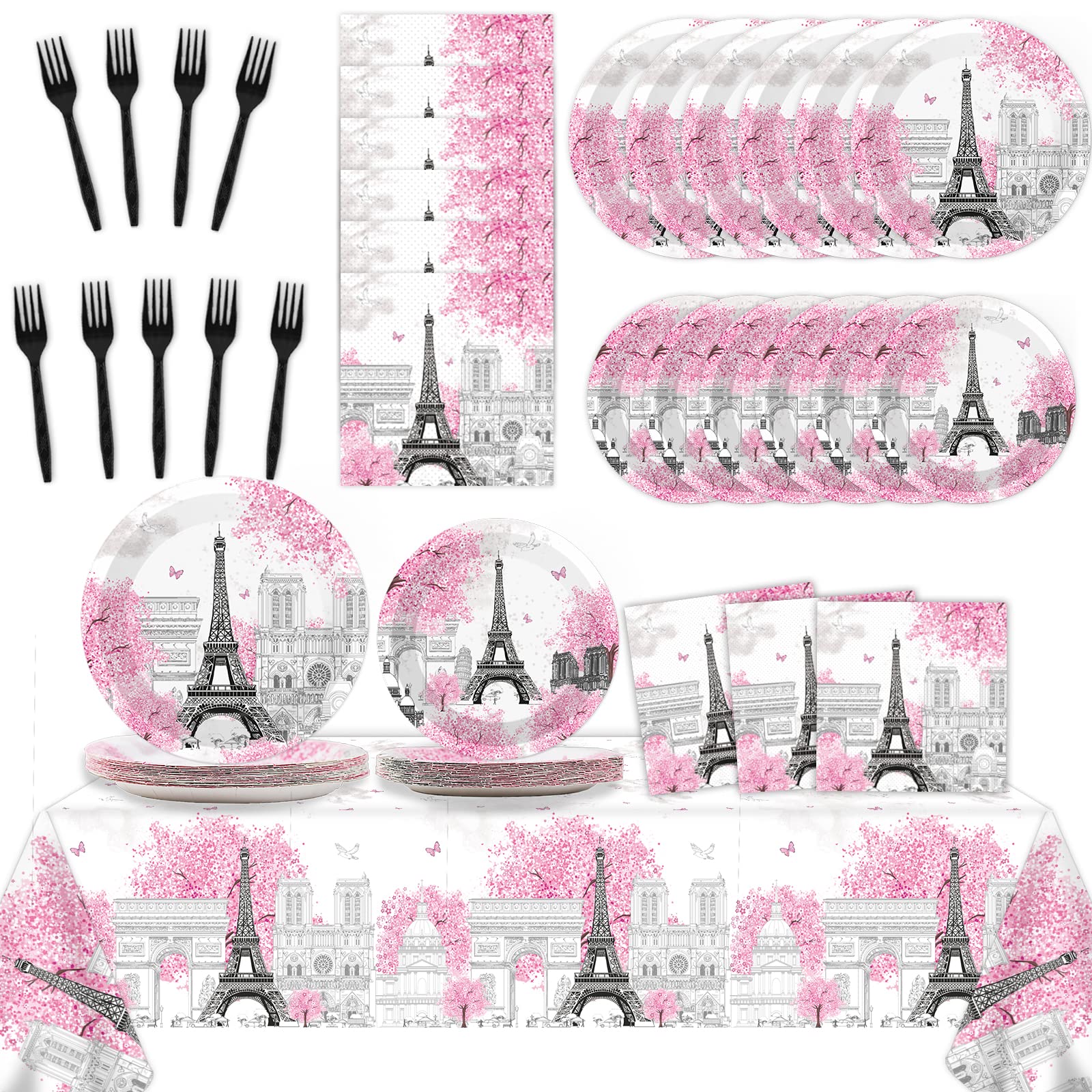 98 Pcs Paris Eiffel Tower Tableware Set Paris Eiffel Tower Party Plates Napkins Paris Table Cover Eiffel Tower Dinnerware for Ki