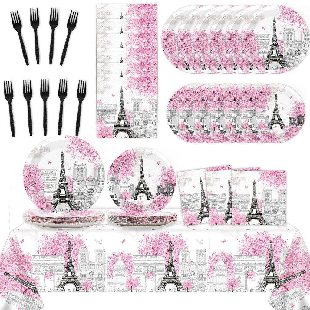 98 Pcs Paris Eiffel Tower Tableware Set Paris Eiffel Tower Party Plates Napkins Paris Table Cover Eiffel Tower Dinnerware for Ki