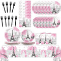 98 Pcs Paris Eiffel Tower Tableware Set Paris Eiffel Tower Party Plates Napkins Paris Table Cover Eiffel Tower Dinnerware for Ki