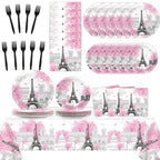 98 Pcs Paris Eiffel Tower Tableware Set Paris Eiffel Tower Party Plates Napkins Paris Table Cover Eiffel Tower Dinnerware for Ki