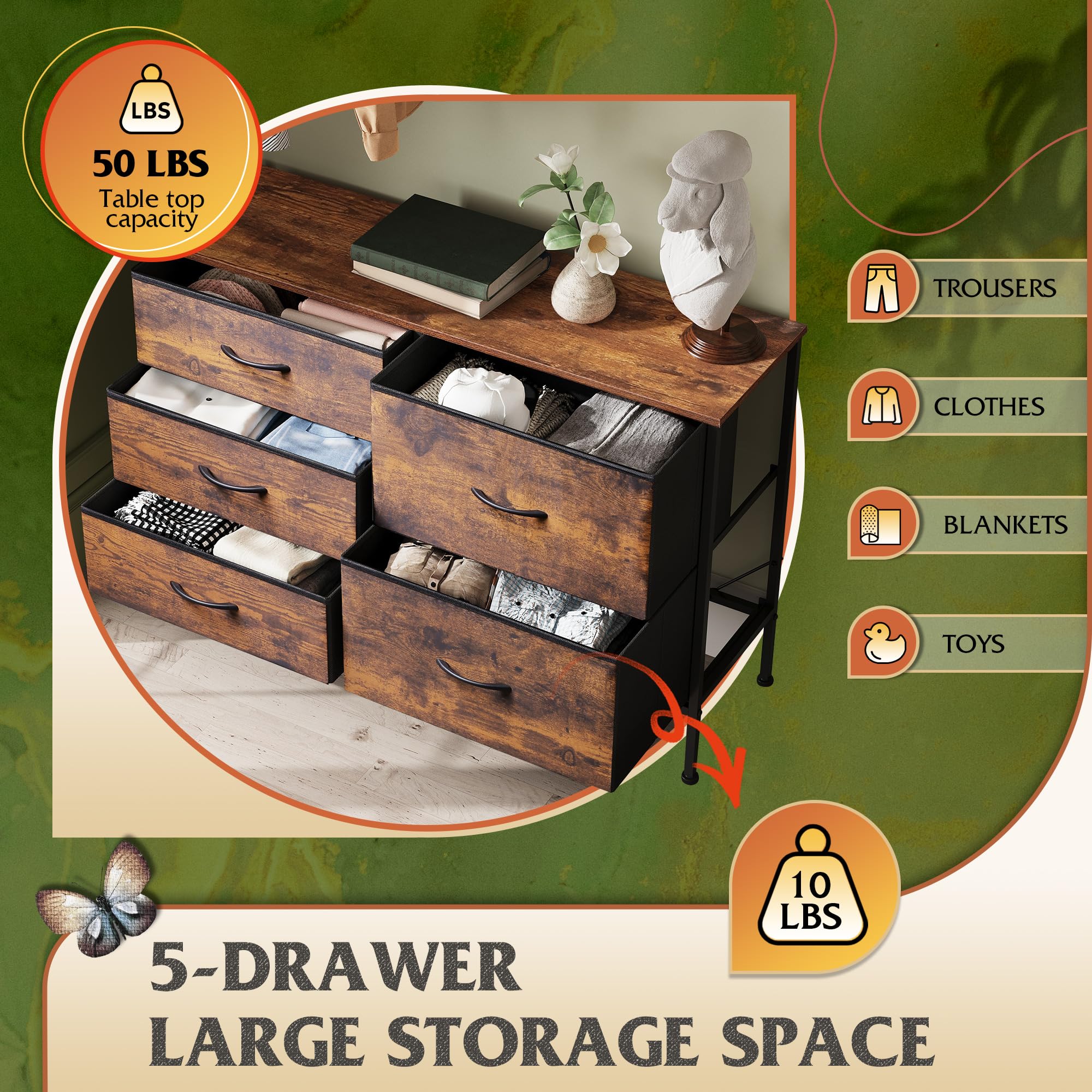 Wlive Dresser For Bedroom With 5 Drawers, Wide Bedroom Dresser With Drawer Organizers, Chest Of Drawers, Fabric Dresser For Living Room, Closet, Hallway, Rustic Brown Wood Grain Print