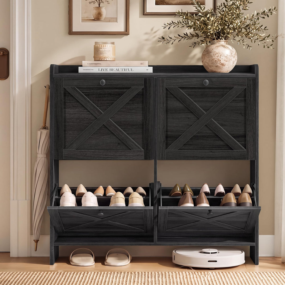 VASAGLE Narrow Shoe Storage Cabinet Organizer with 4 Flip Drawers