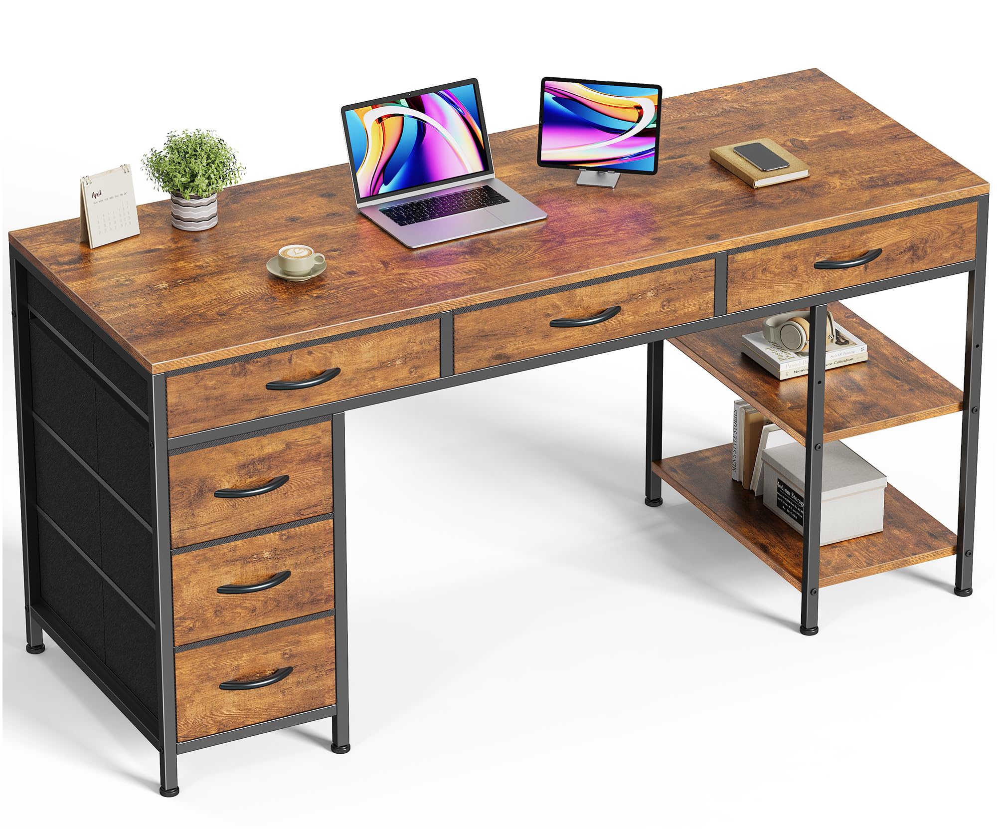 Huuger Computer Desk With 6 Drawers, 54 Inch Office Desk With Shelves, Reversible Gaming Desk, Corner Desk With Storage, Work Desk For Home Office, Study, Living Room, Rustic Brown