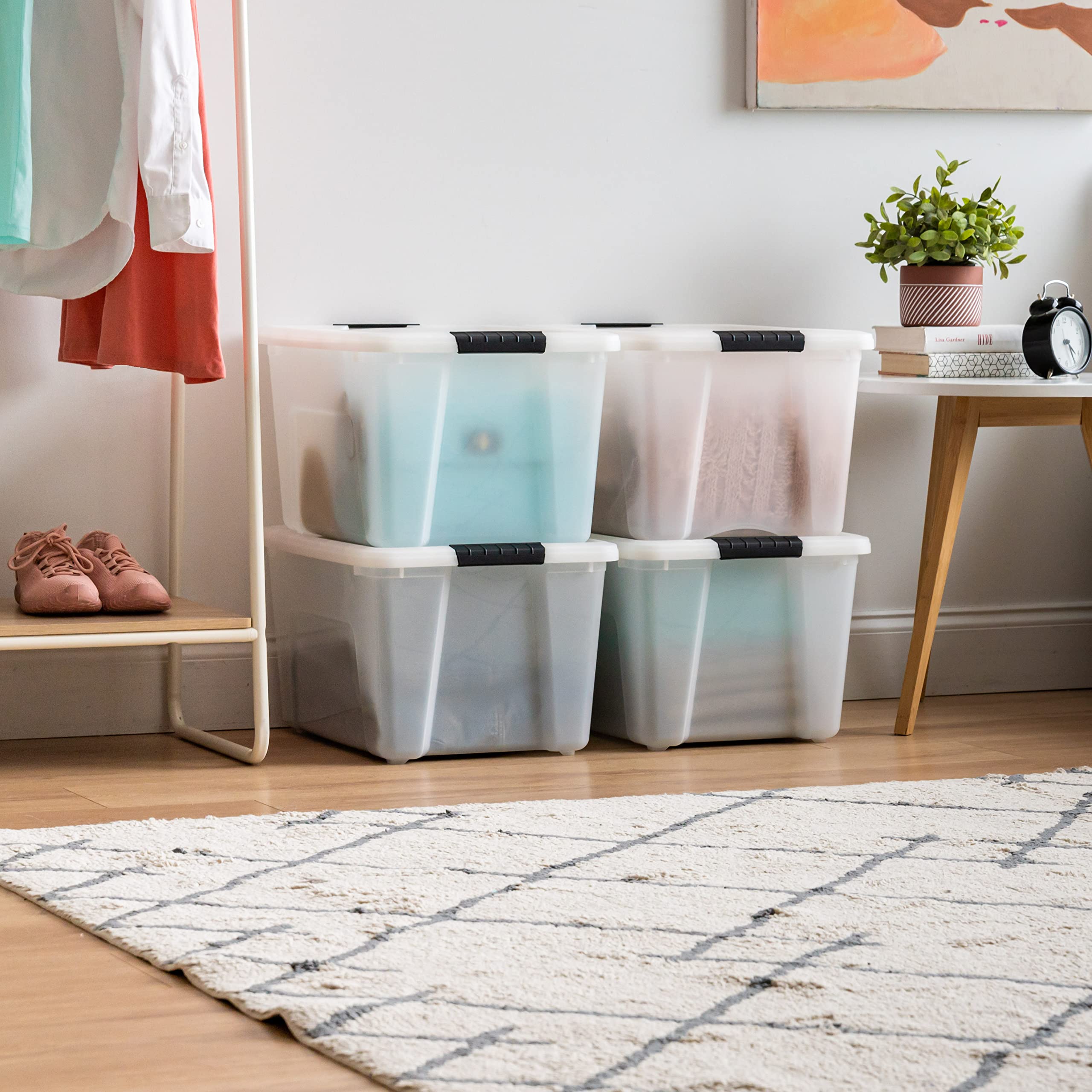 Iris Usa 40 Qt Stackable Plastic Storage Bins With Lids, 4 Pack - Bpa-Free, Made In Usa - Discreet Organizing Solution, Latches,