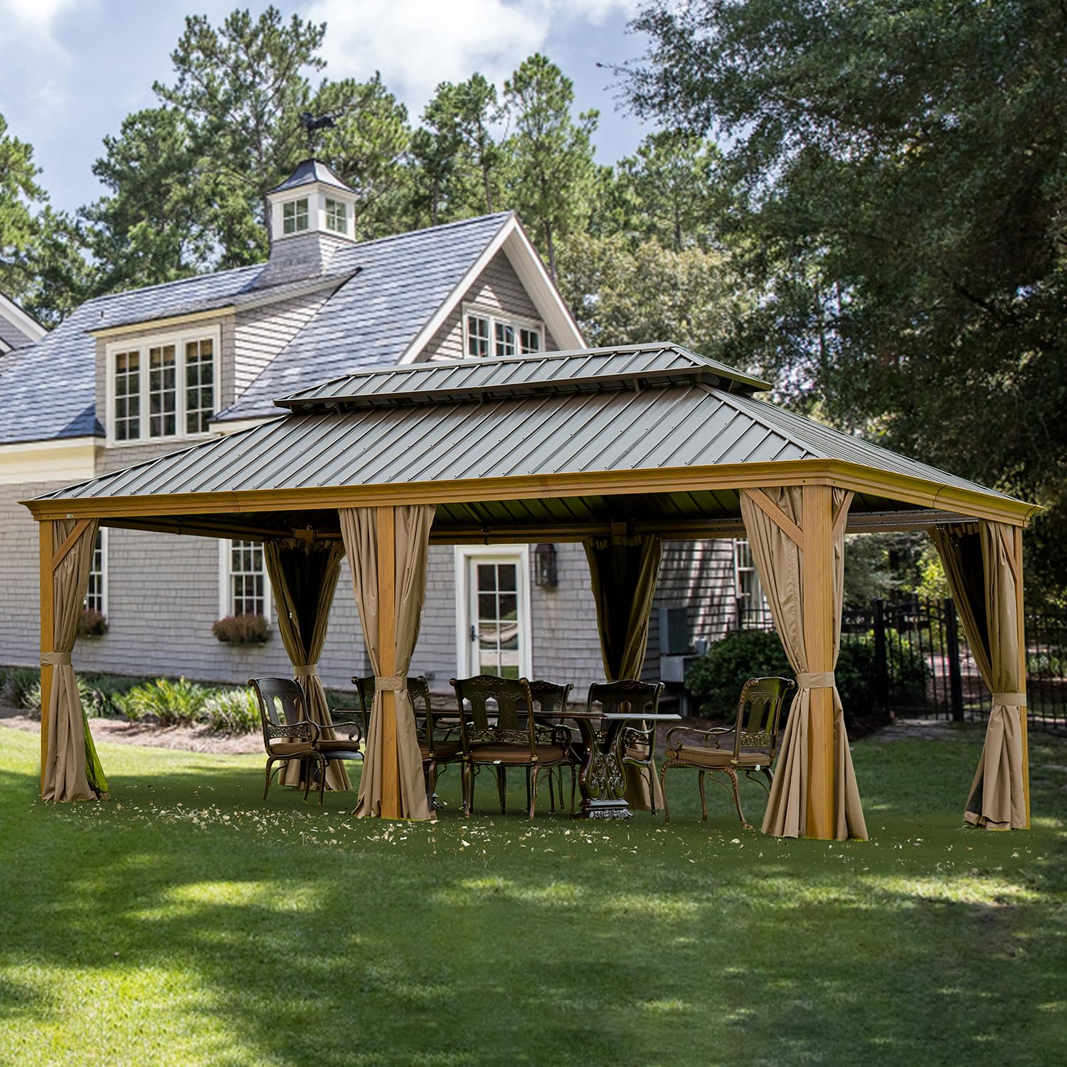 12 X 20 Hardtop Gazebo Outdoor Aluminum Wood Grain Gazebos With Galvanized Steel Double Canopy For Patios Deck Backyard,Curtains