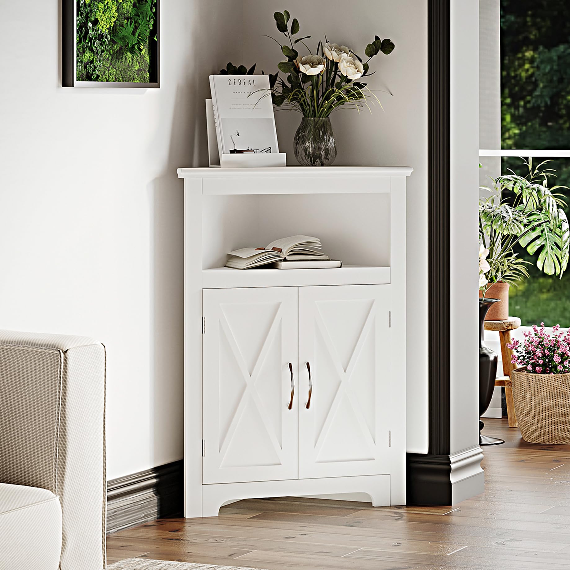 ChooChoo Corner Storage Cabinet, Small Corner Cabinet with Barn Door Design and Adjustable Shelf, Home Space Saver for Living Ro