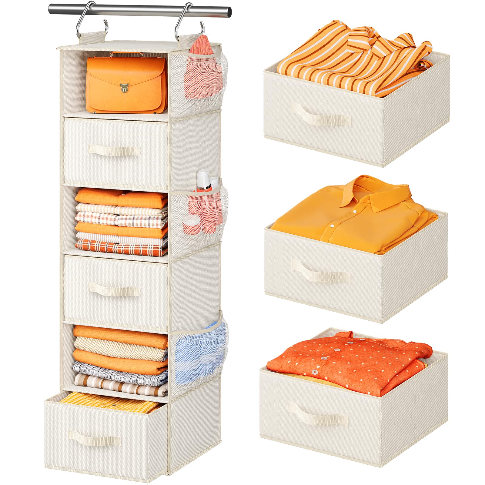 Pipishell Hanging Closet Organizer 6-Shelf, Hanging Shelves for Closet with 3 Removable Drawers & Side Pockets, Hanging Shelf Or