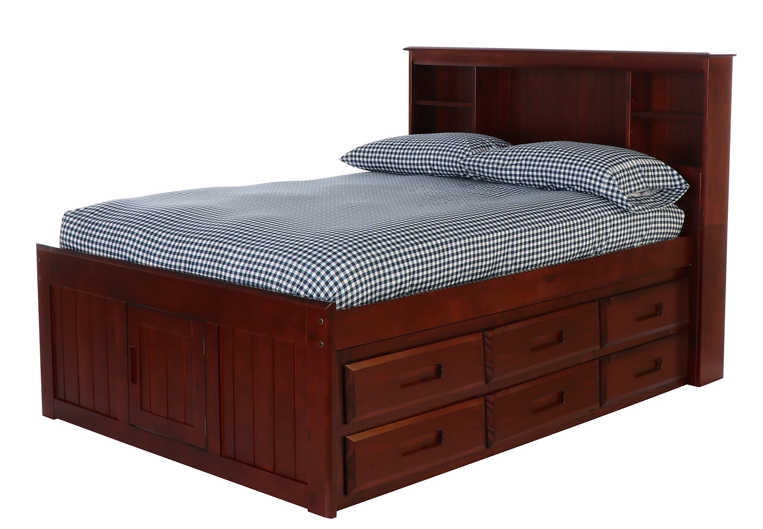 OS Home and Office Furniture Model 82821K6-22 Solid Pine Full Captains Bookcase Bed with 6 Drawers in Rich Merlot