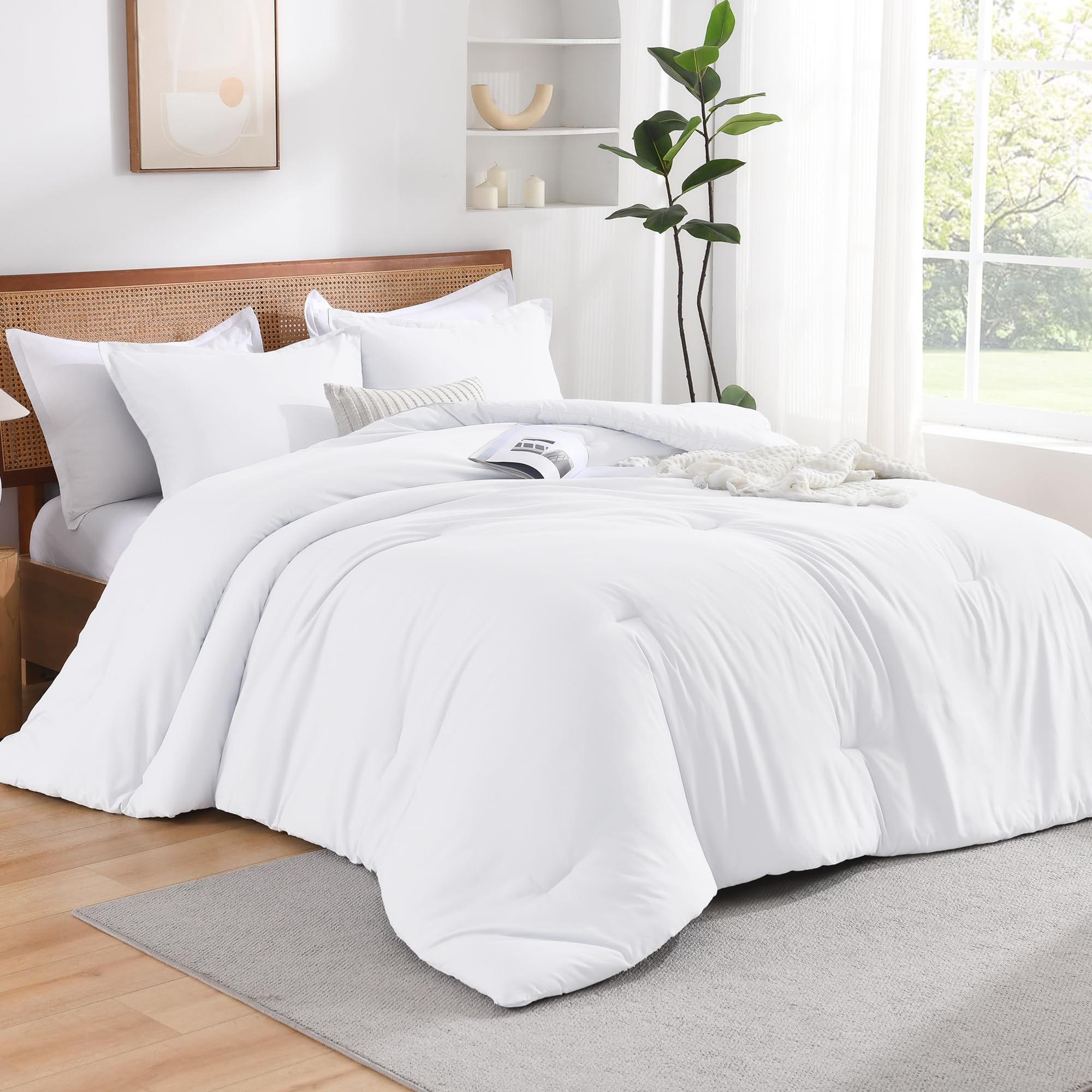Andency White Full Size Comforter Set, 3 Pieces Boho Solid Reversible Bed Comforter Set, All Season Lightweight Soft Microfiber Bedding Comforter Set For Girls, Women, Adults