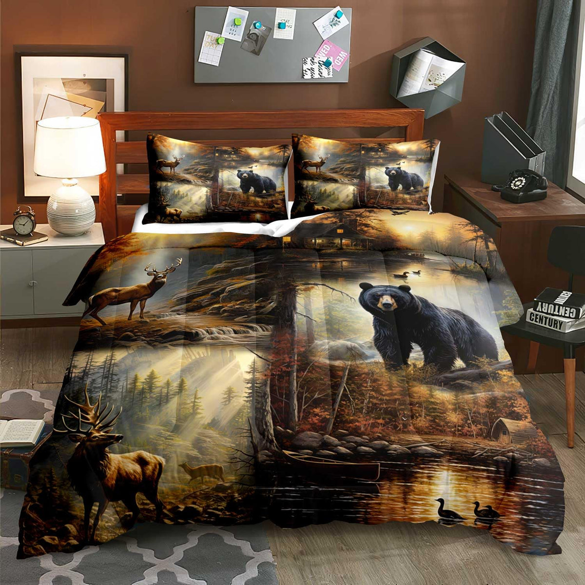 Luvivihome 3Pcs Black Bear Deer Comforter Set Queen Size, Elk Moose Mallard Duck Woodland Forest Animal Wildlife Hunting Camo Hu