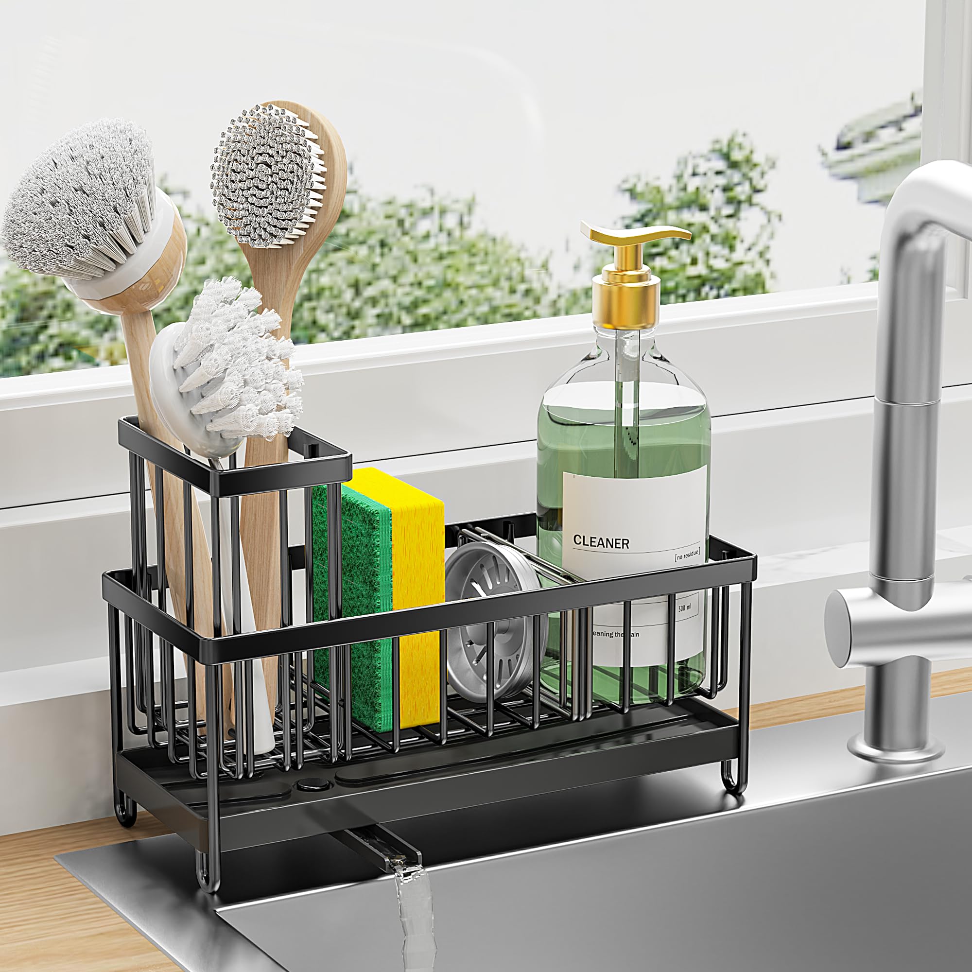 Cisily Sponge Holder for Kitchen Sink, Sink Caddy with High Brush Holder, Kitchen Sink Organizer Countertop Rustproof 304 Stainl