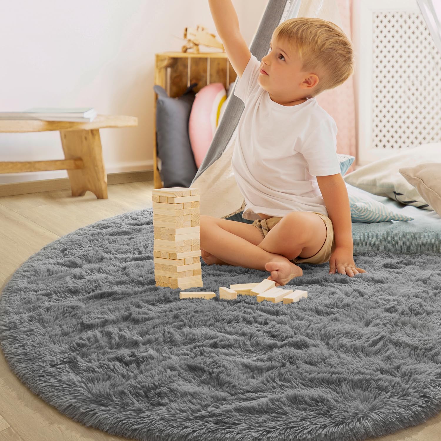 EVOIONOS Grey Round Rug for Kids Room, Fluffy Circle Rug for Bedroom, 4x4 Feet Fuzzy Circular Rug, Soft Plush Area Rug for bedro