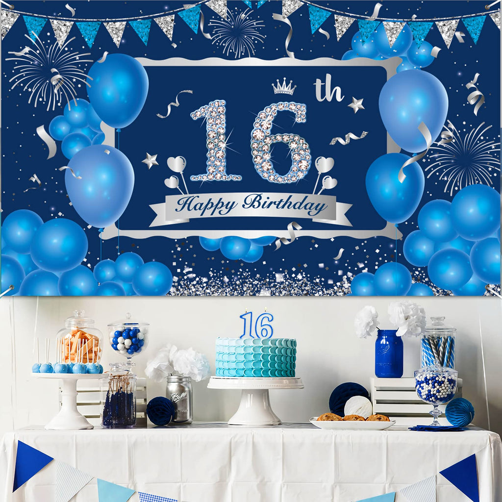 Blue Silver Happy 16Th Birthday Decorations For Boys Girls Blue Silver Happy 16Th Birthday Banner Blue Silver 16Th Birthday Part