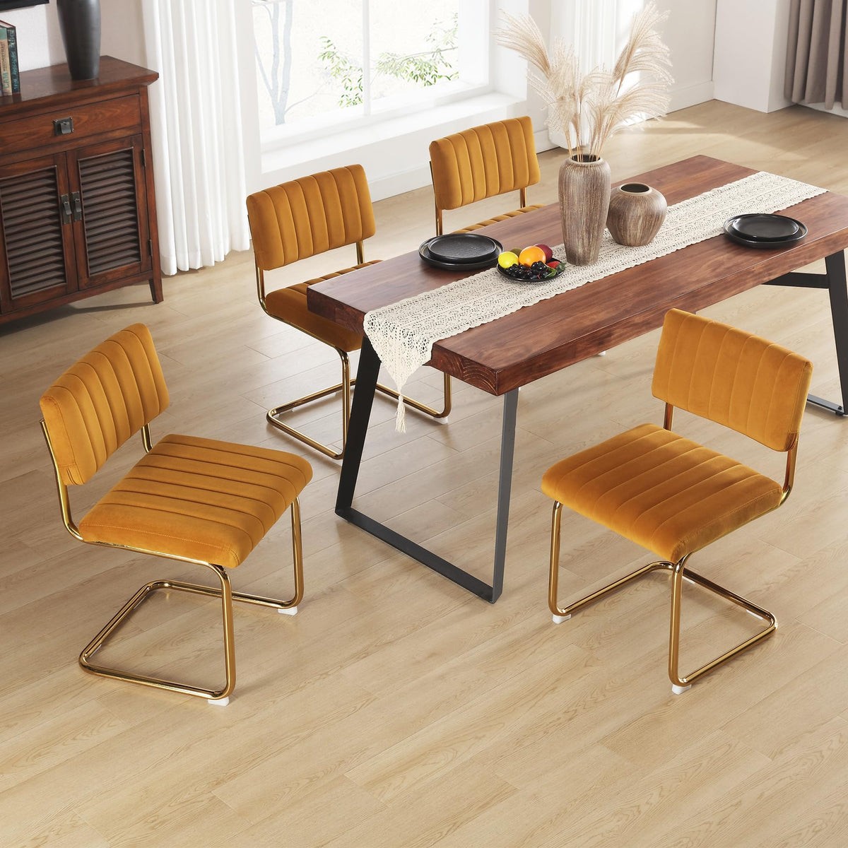 Onevog Orange Velvet Dining Chairs Set Of 4, Upholstered Kitchen Dining Room Chairs, Comfy Chair With Gold Metal Legs, Cantileve