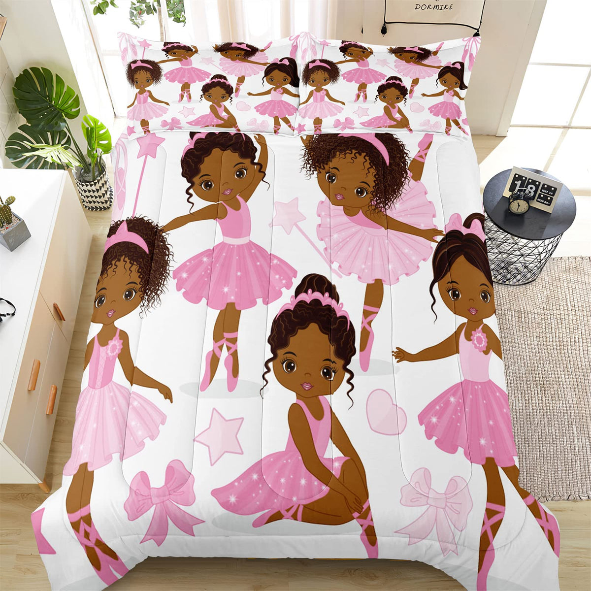 Sirdo Twin Bedding Sets For Girls, African American Magic Comforter Set With Ballet Dancer, Pink Bed Set For Toddler Kids Teens,