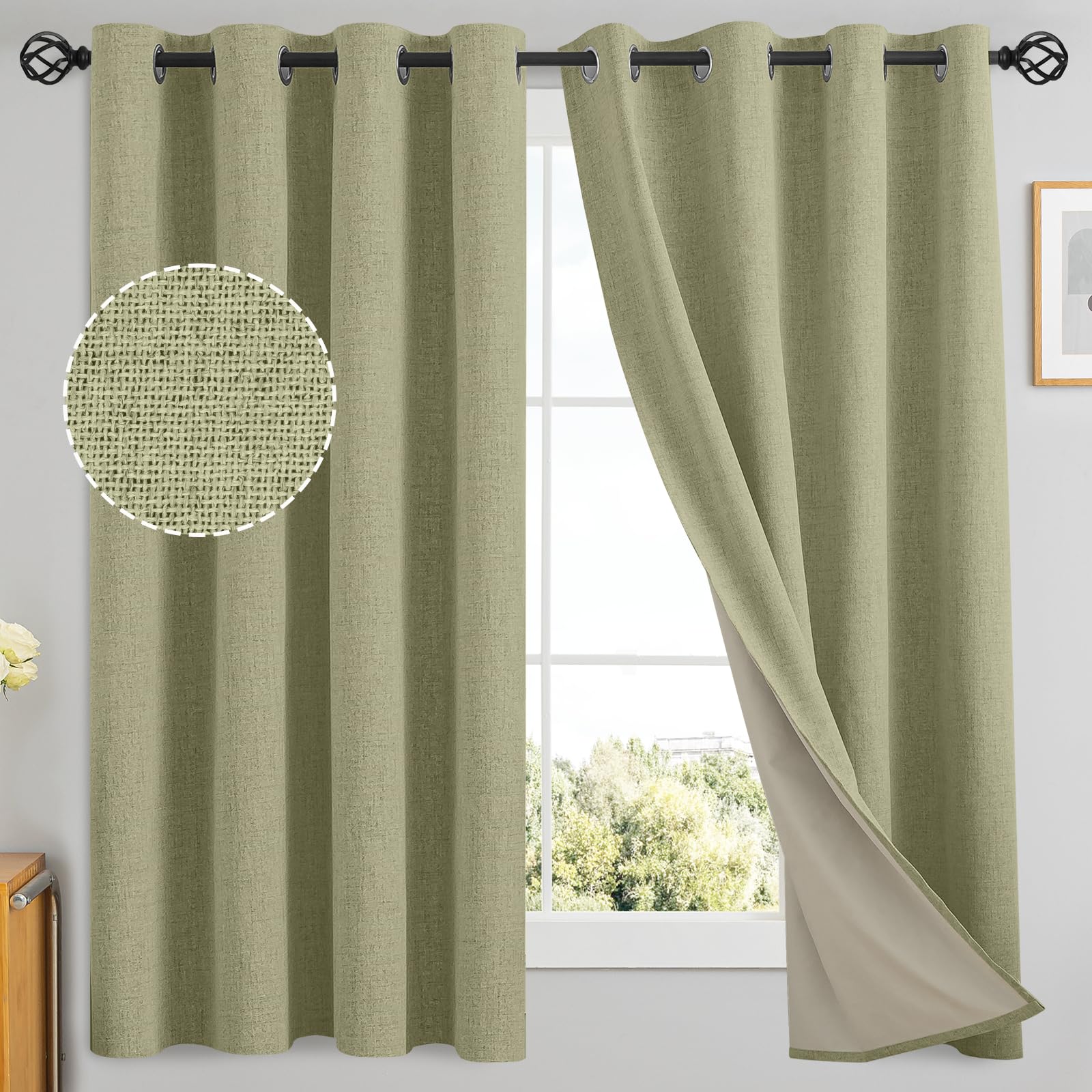 Yakamok Sage Green Linen Curtains 100% Blackout 63 Inches Long,Room Darkening Textured Curtains for Living Room Thermal Grommet 
