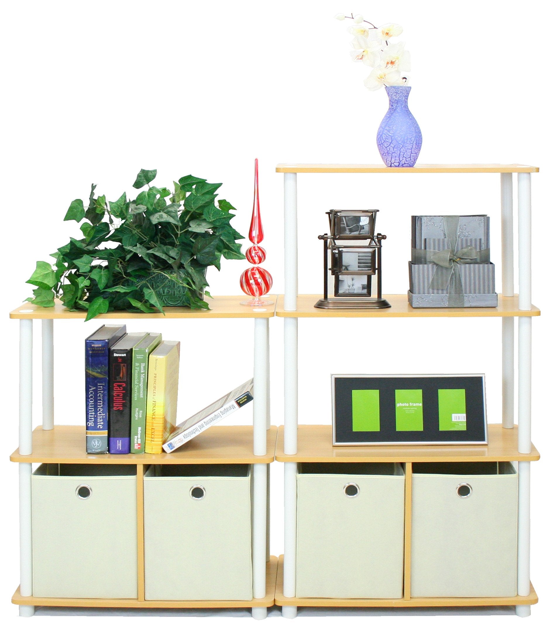 Furinno 99152Be/Wh/Iv 3-Tier Go Green Multipurpose Storage Rack Shelving Unit Bookshelf Cabinet With 2 Bins, Beech Finish