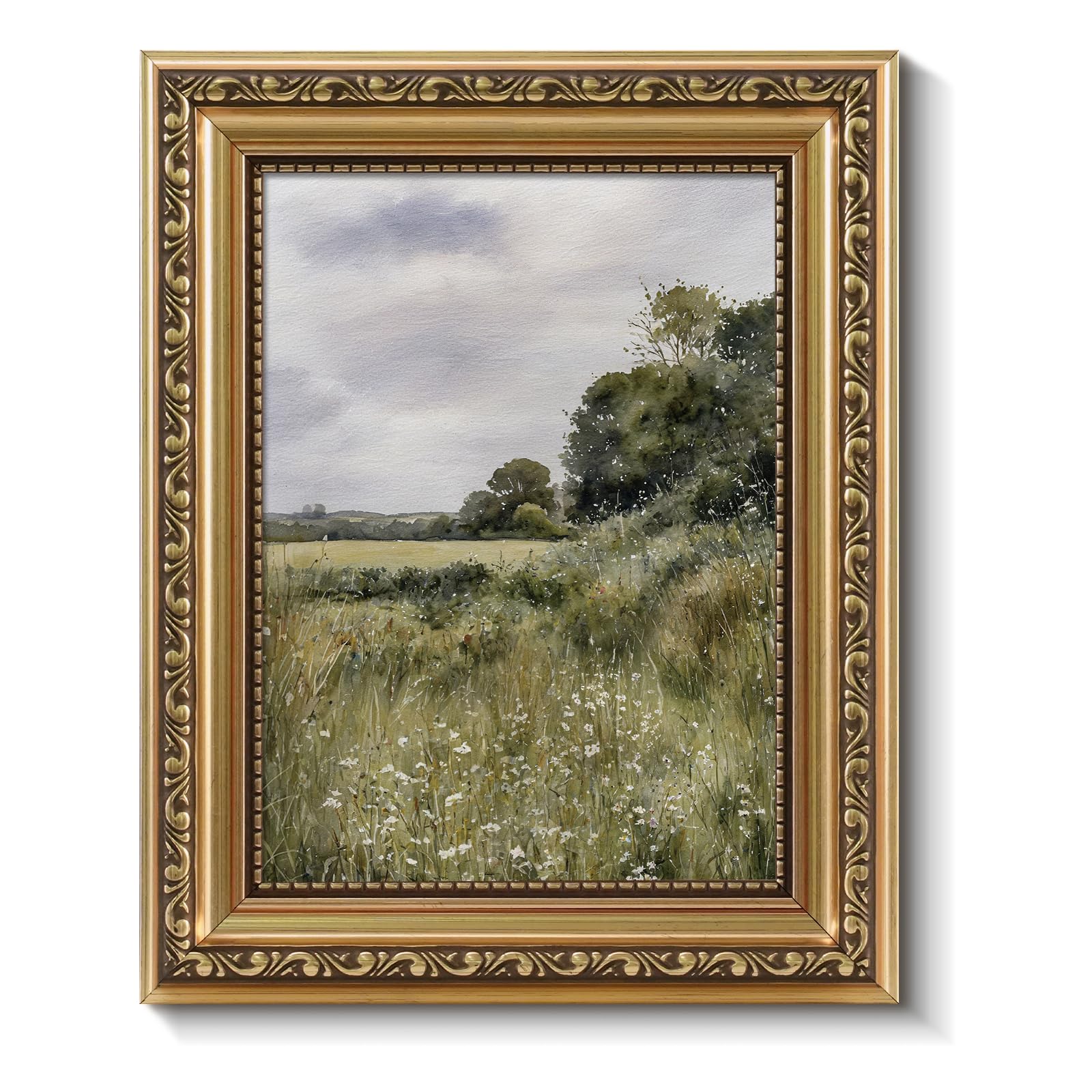 ARPEOTCY Vintage Gold Framed Wall Art, Farmhouse Meadow Landscape Country Painting, 8x10 inch Small Moody Rustic Canvas Picture 
