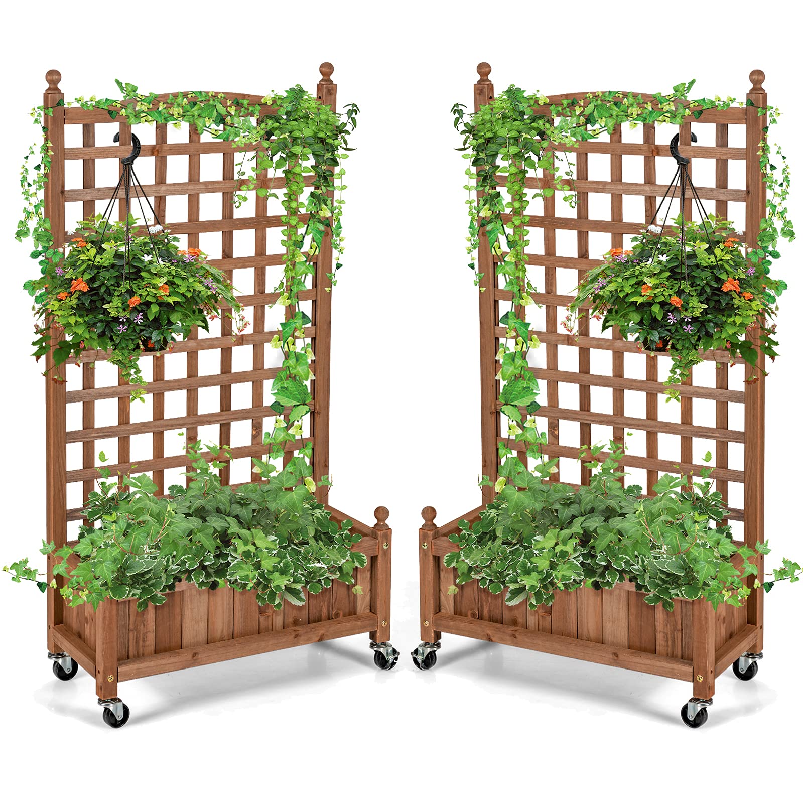Giantex Set Of 2 Mobile Plant Raised Bed, Wood Planter With Lattice Trellis And Wheels, Flower Box For Plant Climbing, Vertical