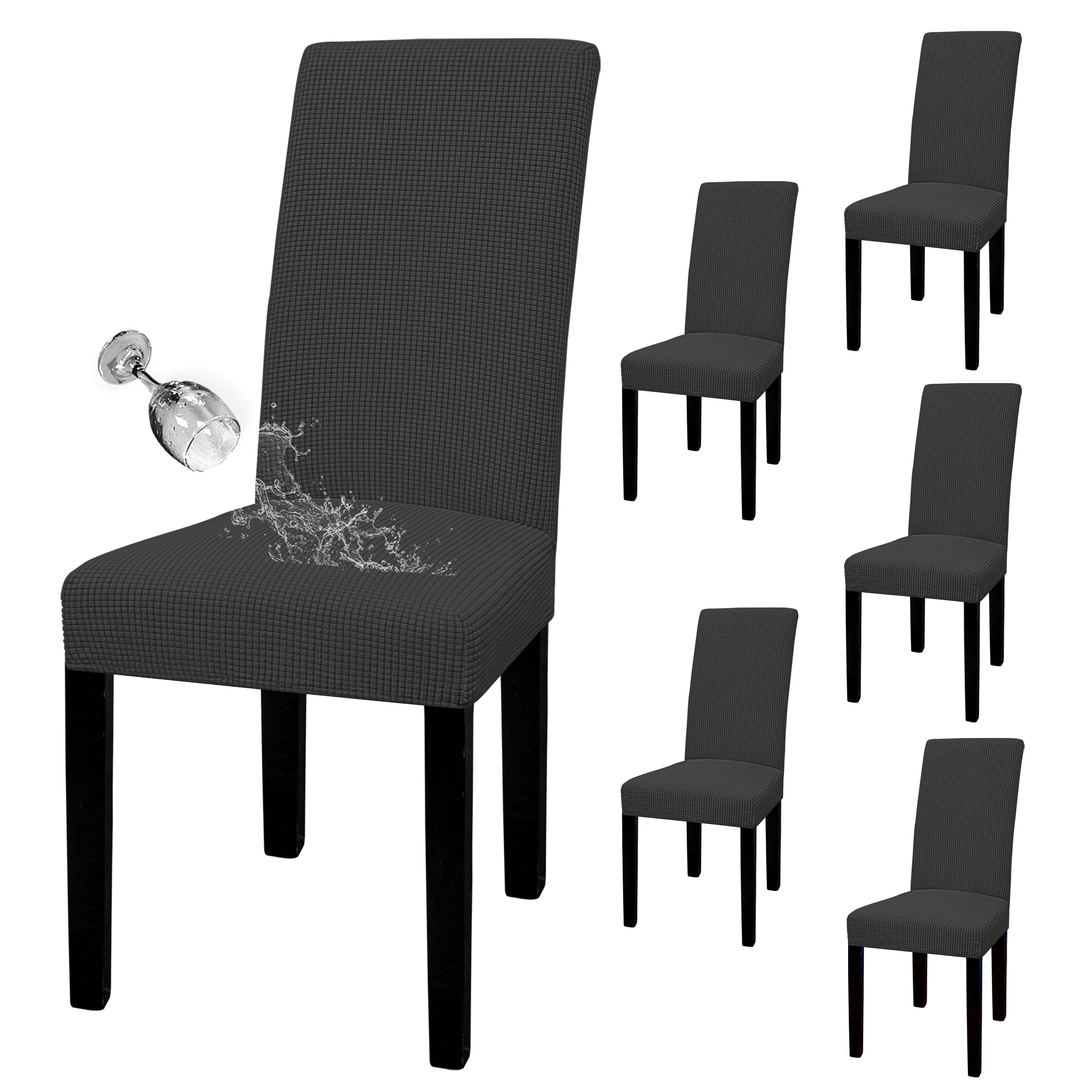 Easy-Going 100% Waterproof Dining Room Chair Cover Set Of 6, Stretch Jacquard Parson Chair Slipcover Removable Washable Chair Protector For Home, Restaurant, Banquet (Large, Dark Gray)