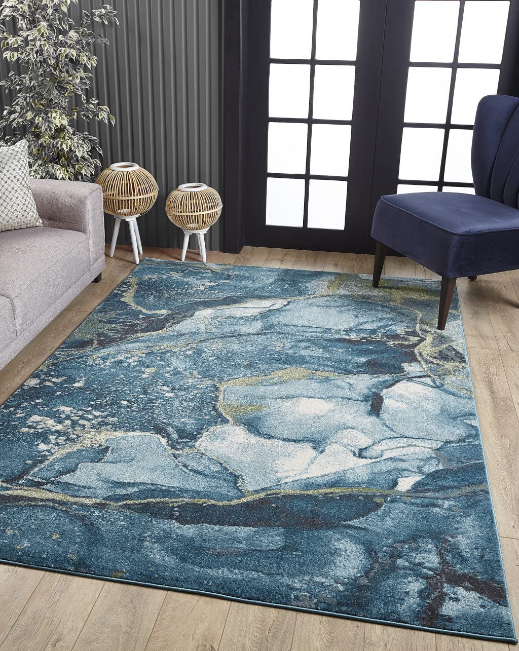 HomeRoots Teal Heat-Set Polypropelene 3’ x 5’ Blue Sage Abstract Stone Modern Area Rug