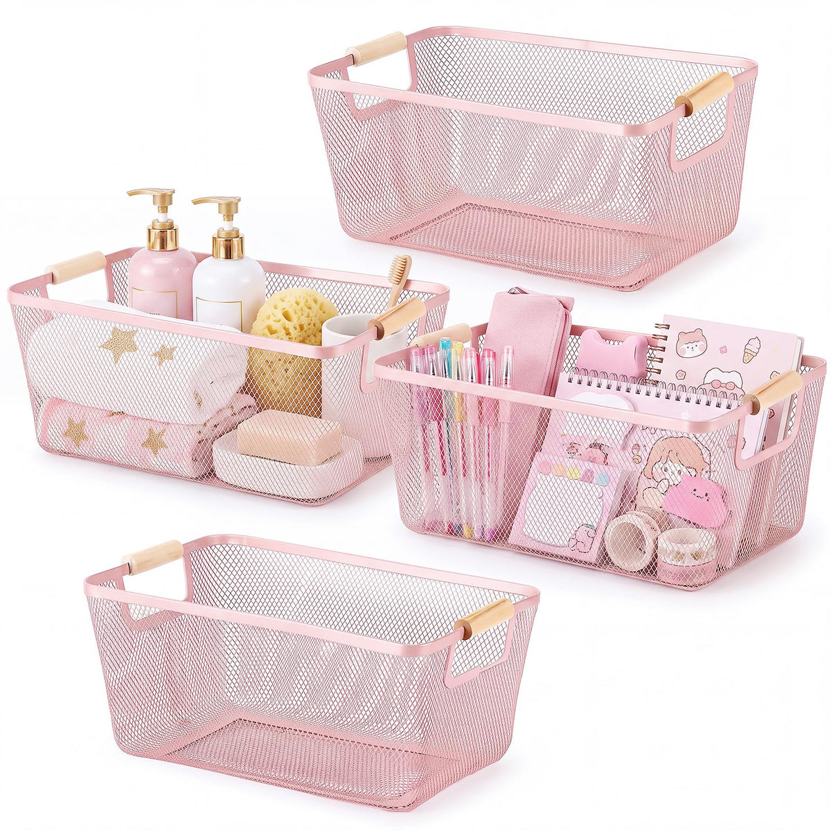 Ziliny Pink 4 Pcs Large Metal Wire Basket with Wooden Handles