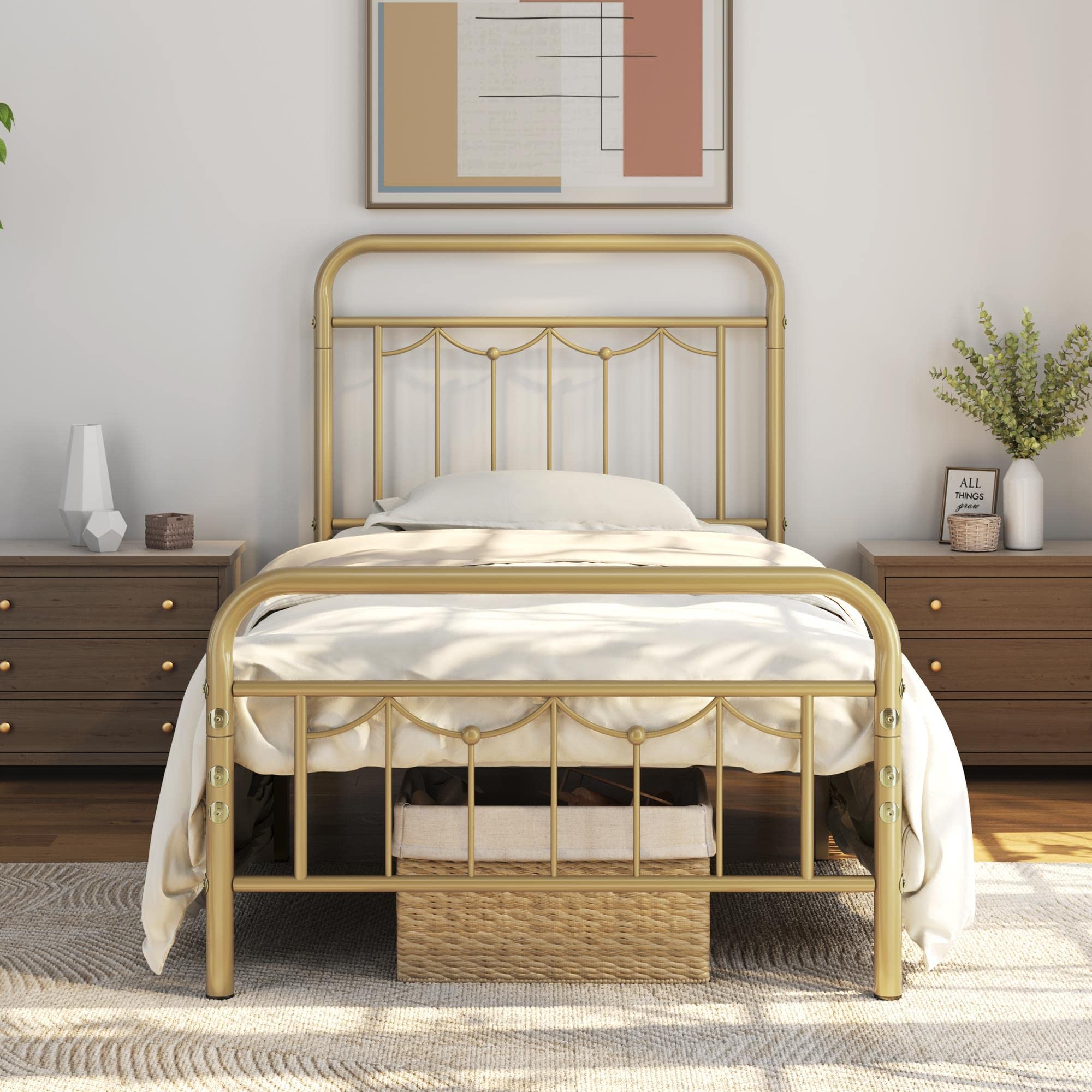 Yaheetech Twin Size Metal Bed Frames With Vintage Headboard And Footboard, Farmhouse Metal Platform Bed, Heavy Duty Steel Slat Support, Ample Under-Bed Storage, No Box Spring Needed, Antique Gold