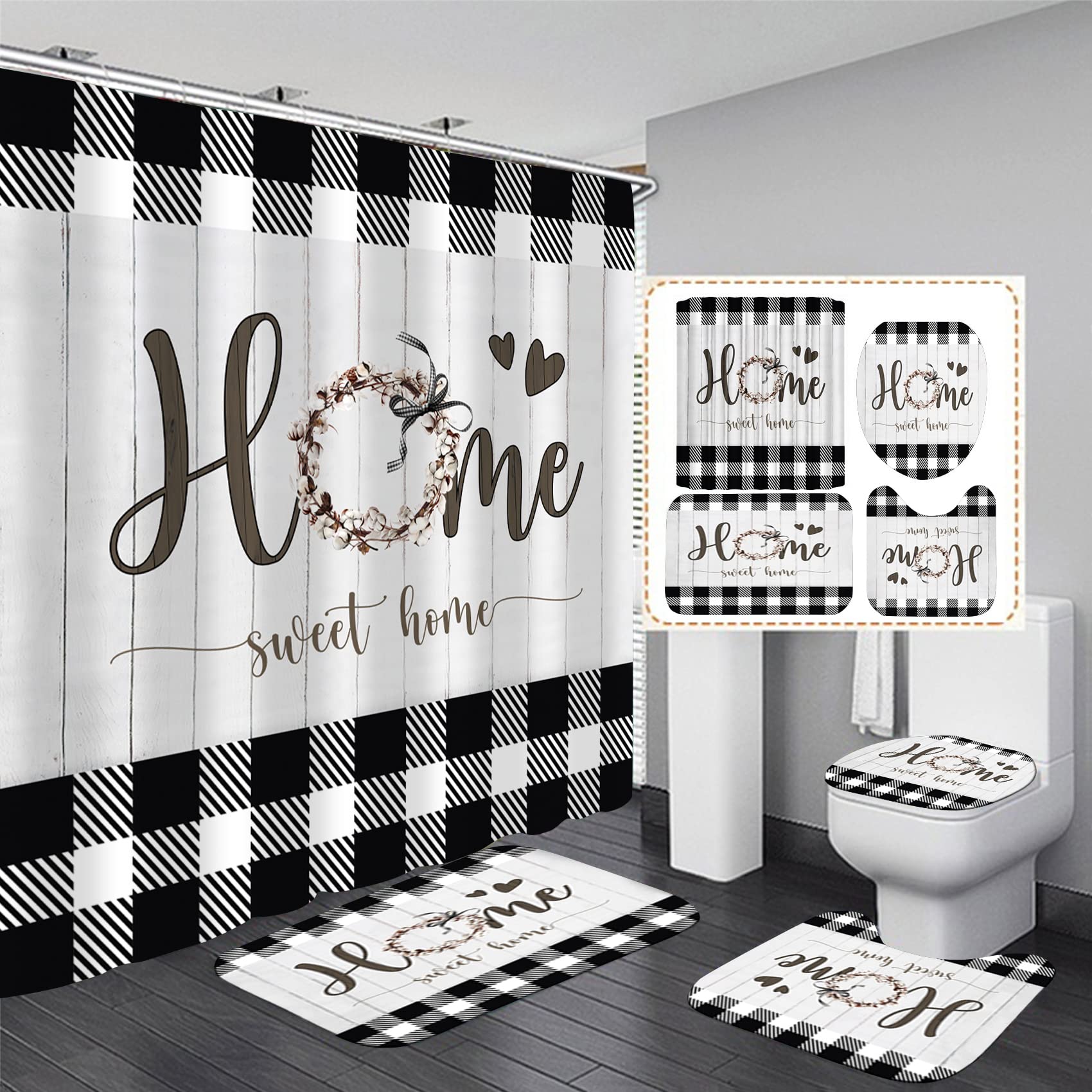 FZDHHY Black and White Bathroom Sets Home Sweet Home Shower Curtain Set with Rugs,Rustic Plaid Bathroom Shower Curtain Set with 