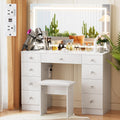 Vowner Vanity With Lighted Mirror - Makeup Vanity Desk With Power Outlet And 9 Drawers, 3 Color Lighting Modes Adjustable Brightness, 43' Vanity Table With Soft Cushioned Stool For Bedroom, White