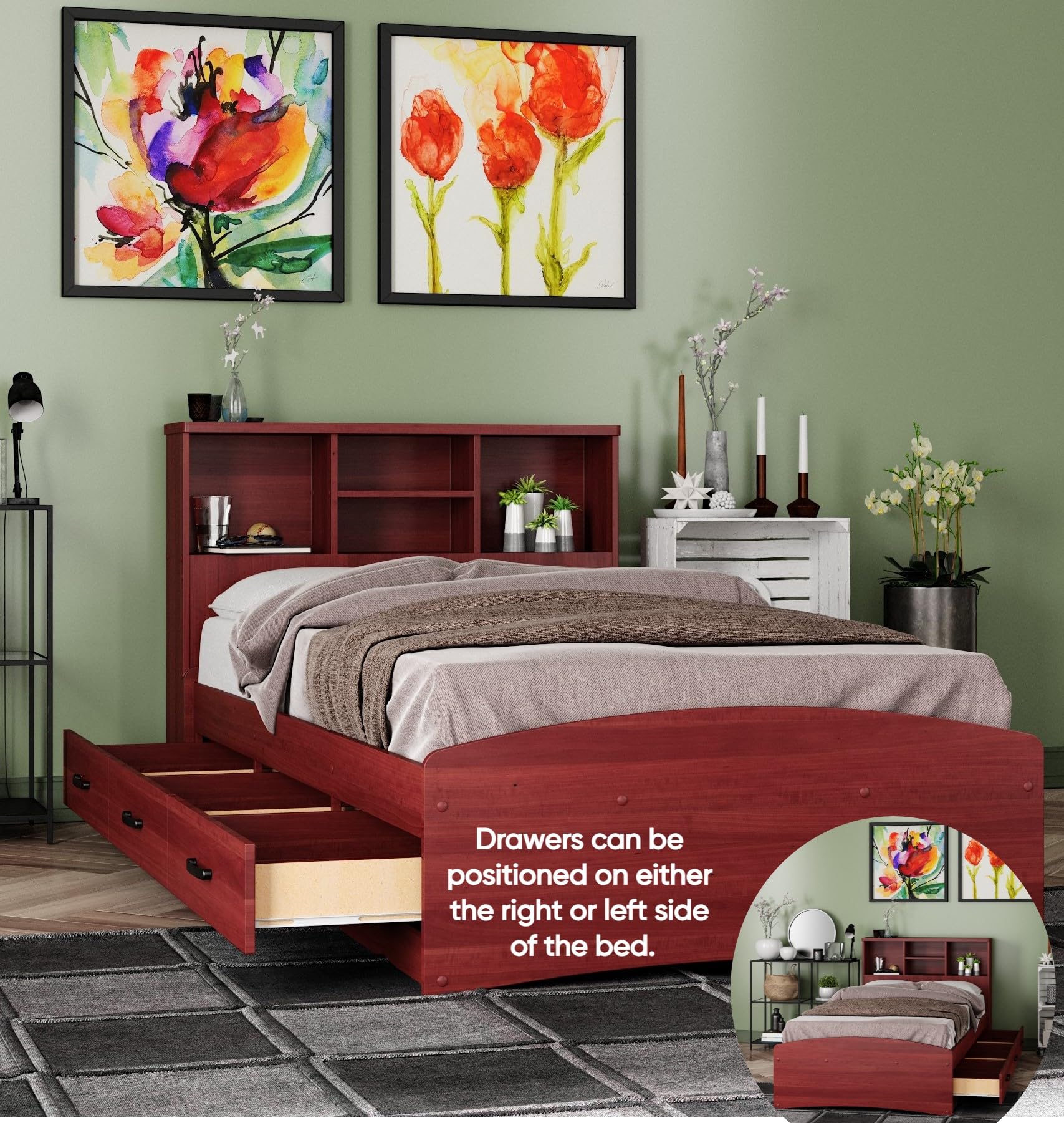 Captain Paltform Bed with 3 Drawers and Bookcase Headboard (Mahogany, Twin)