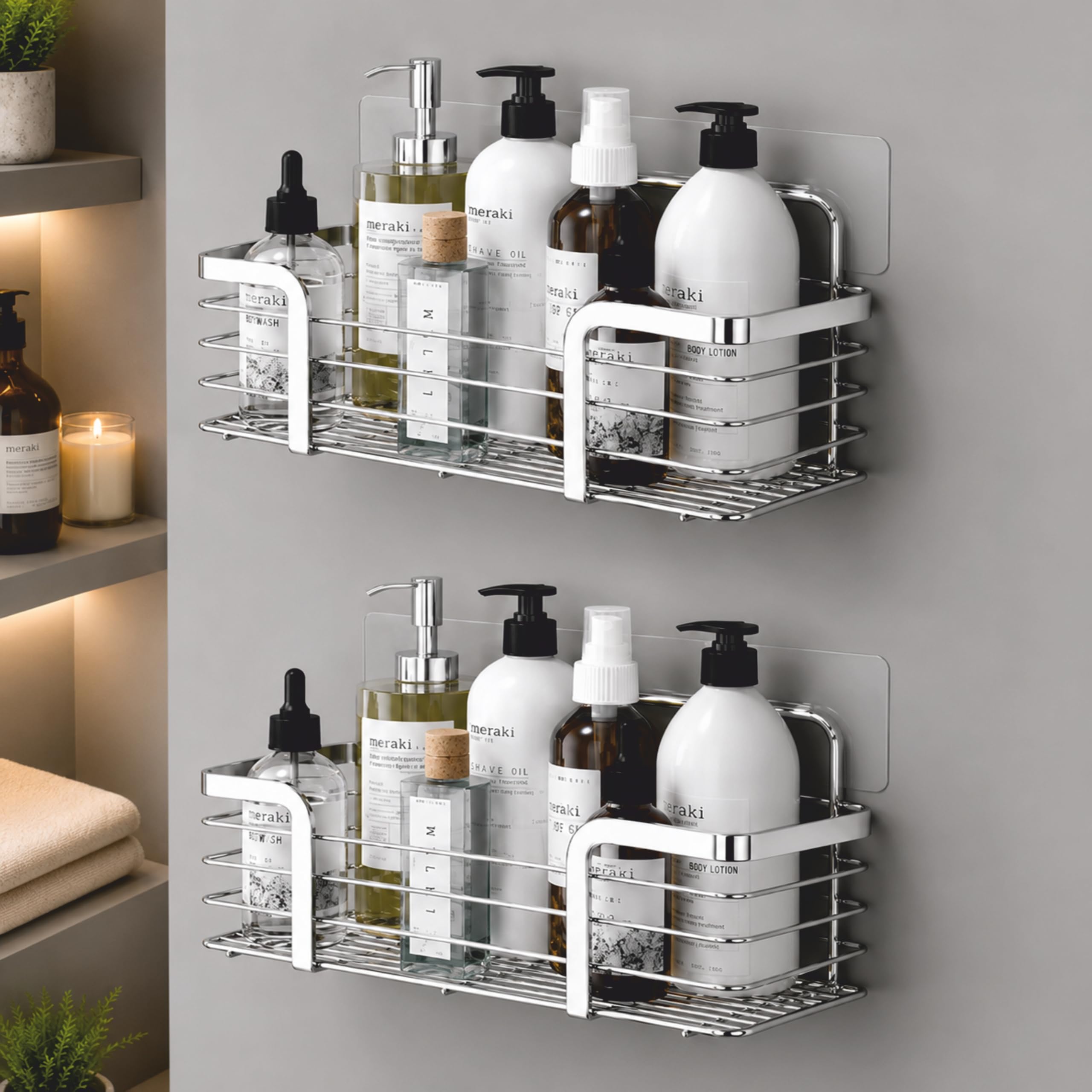 Jialto Pack Of 2 Self Adhesive Bathroom Organizer/Shower Caddy  Wall Mounted, Rustproof Sus 304 Stainless Steel Bathroom Organi