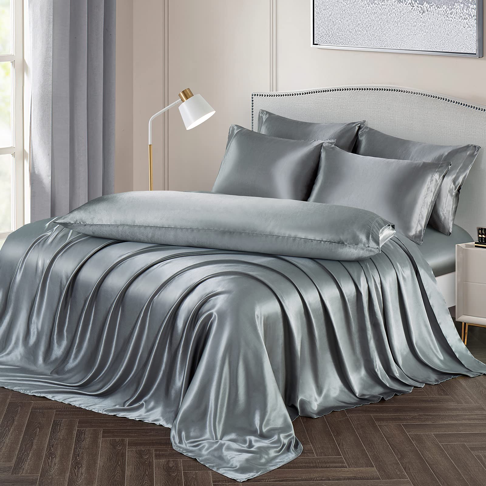 Ersmak 7 Pieces Satin Sheets Set King Size, Luxury Silky Grey Satin Bed Sheets Set With 1 Deep Pocket Fitted Sheet, 1 Soft Flat