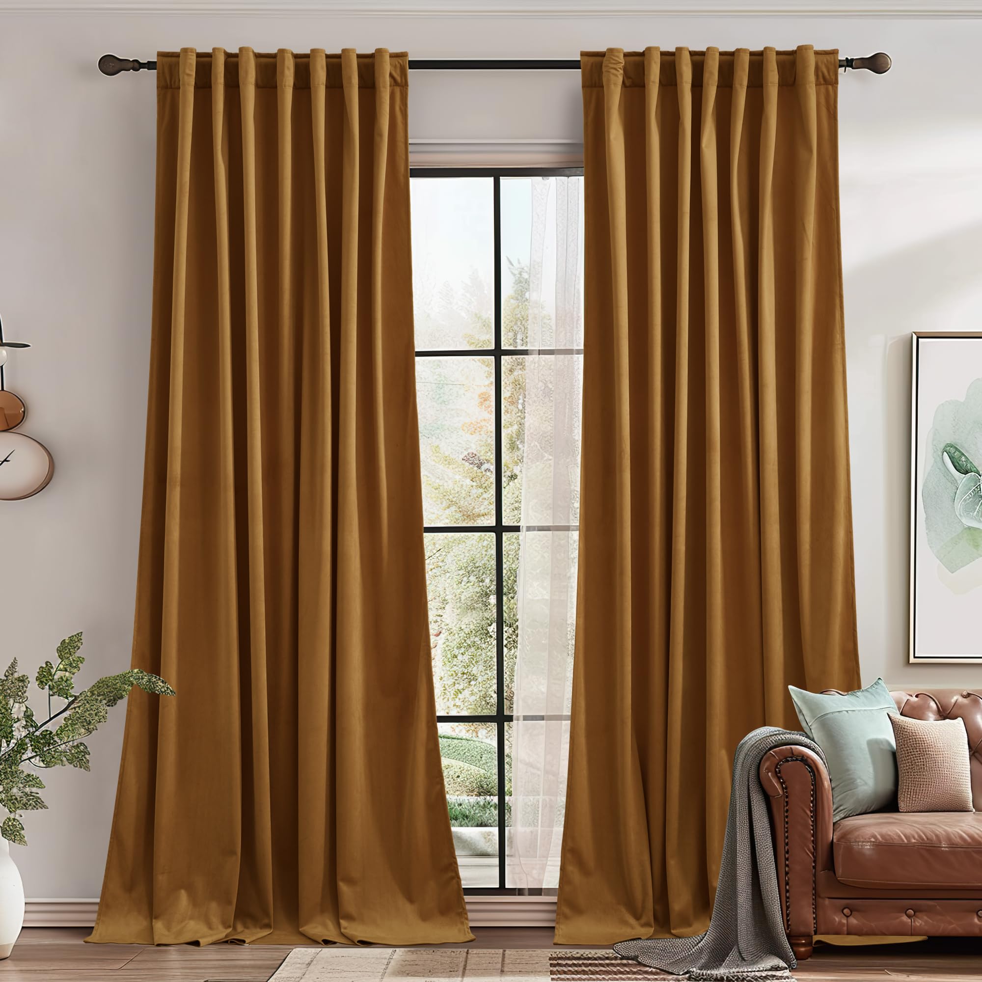 Stangh Gold Brown Light Blocking Velvet Curtains W62X L90 Inches For Nursery, Solid Back Tab Drapes Temperature Regulate Door Cu