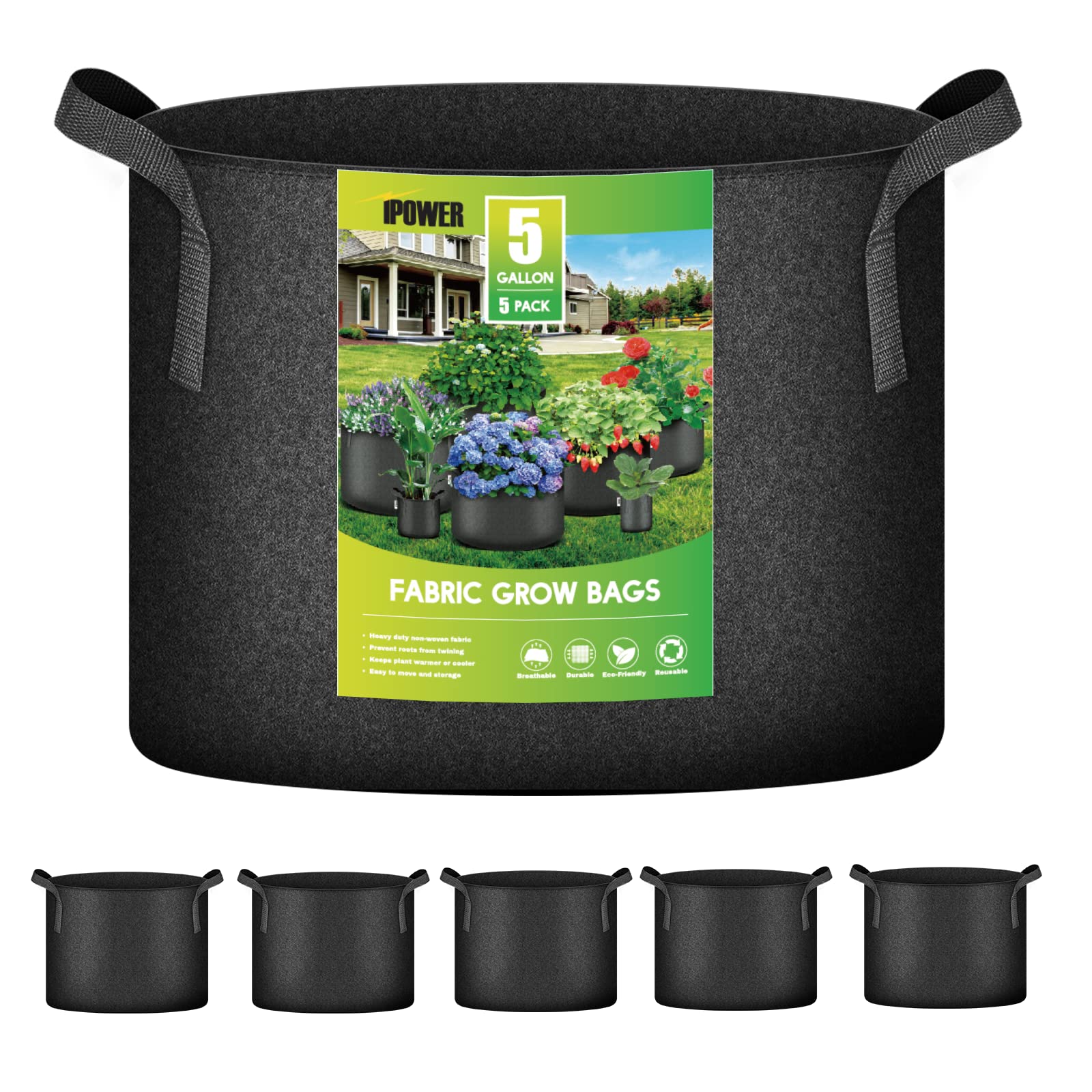 Ipower 5 Gallon Grow Bags Nonwoven Fabric Pots Aeration Container With Strap Handles For Garden And Planting, 5-Pack Black, 5 Ga