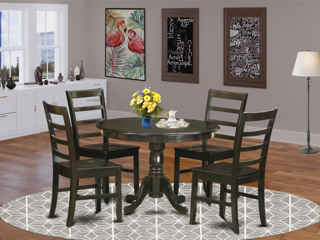 East West Furniture HLPF5-CAP-W 5 Piece Dinette Set for 4 Includes a Round Dining Room Table with Pedestal and 4 Dining Chairs, 42x42 Inch, Cappuccino