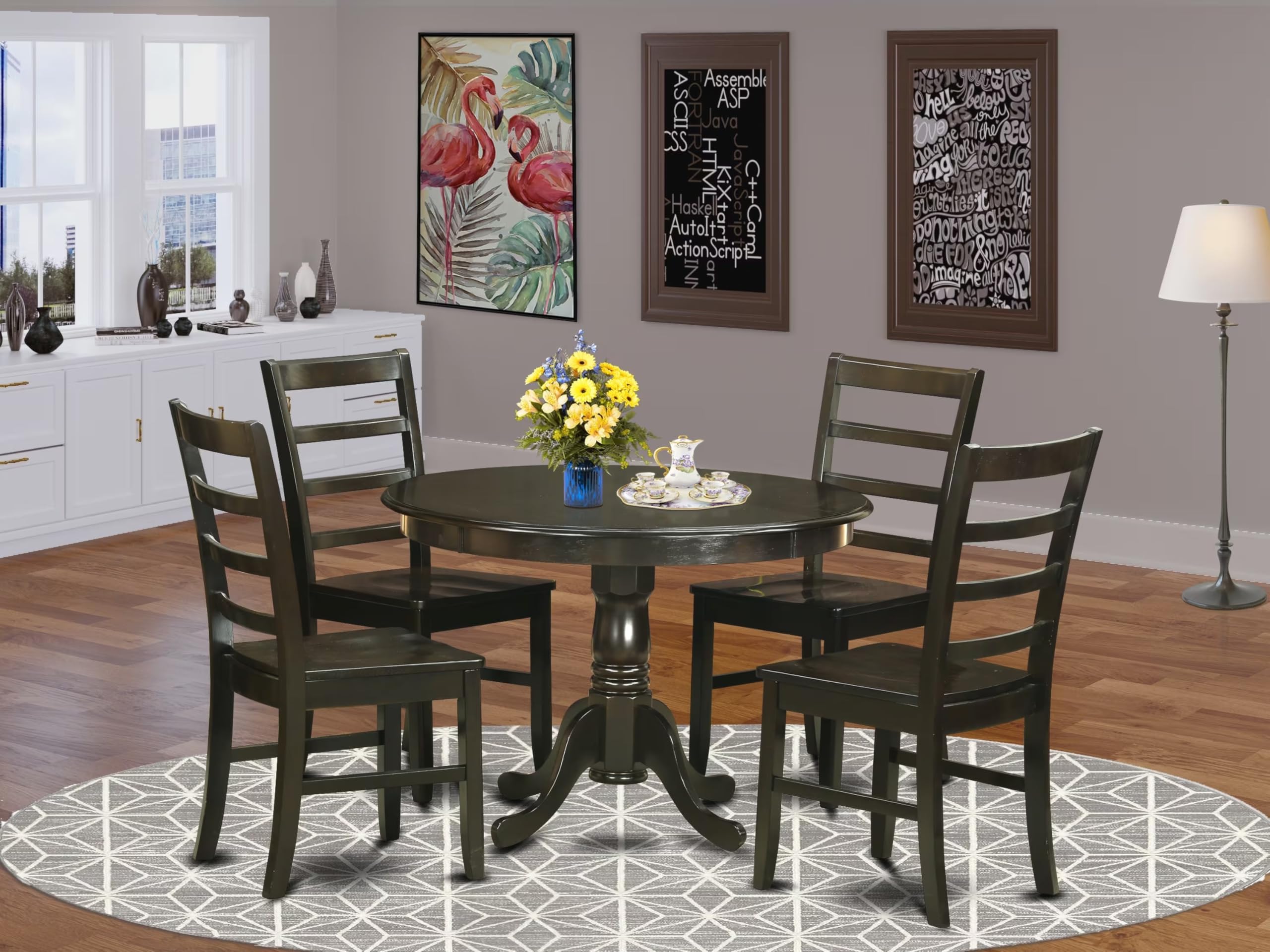 East West Furniture HLPF5-CAP-W 5 Piece Dinette Set for 4 Includes a Round Dining Room Table with Pedestal and 4 Dining Chairs, 42x42 Inch, Cappuccino