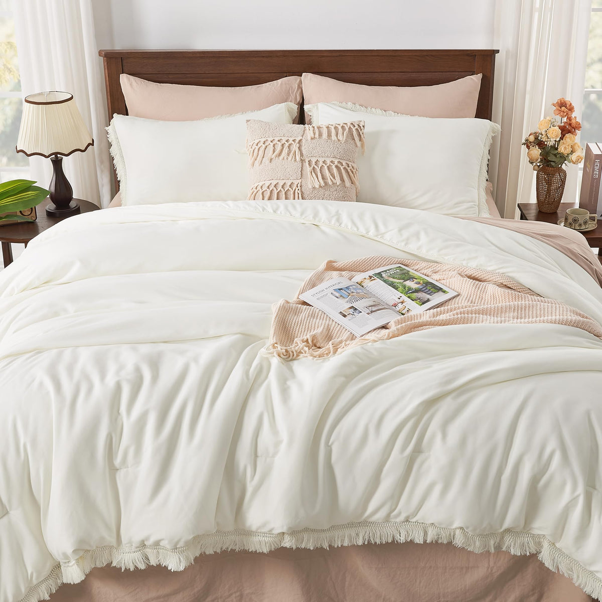 Andency Queen Comforter Set Ivory, 3 Pieces Boho Ivory Tassel Lightweight Bedding Comforter Sets, All Season Soft Bed Set (90X90