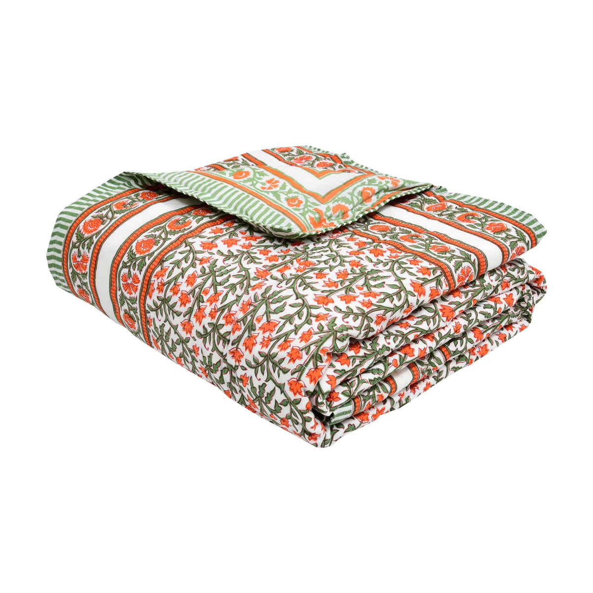 BLOCKS OF INDIA Cotton Single Size Quilt Hand Block Print for Light Winters (60x90 Inches) (Green RED JAAL)300 TC