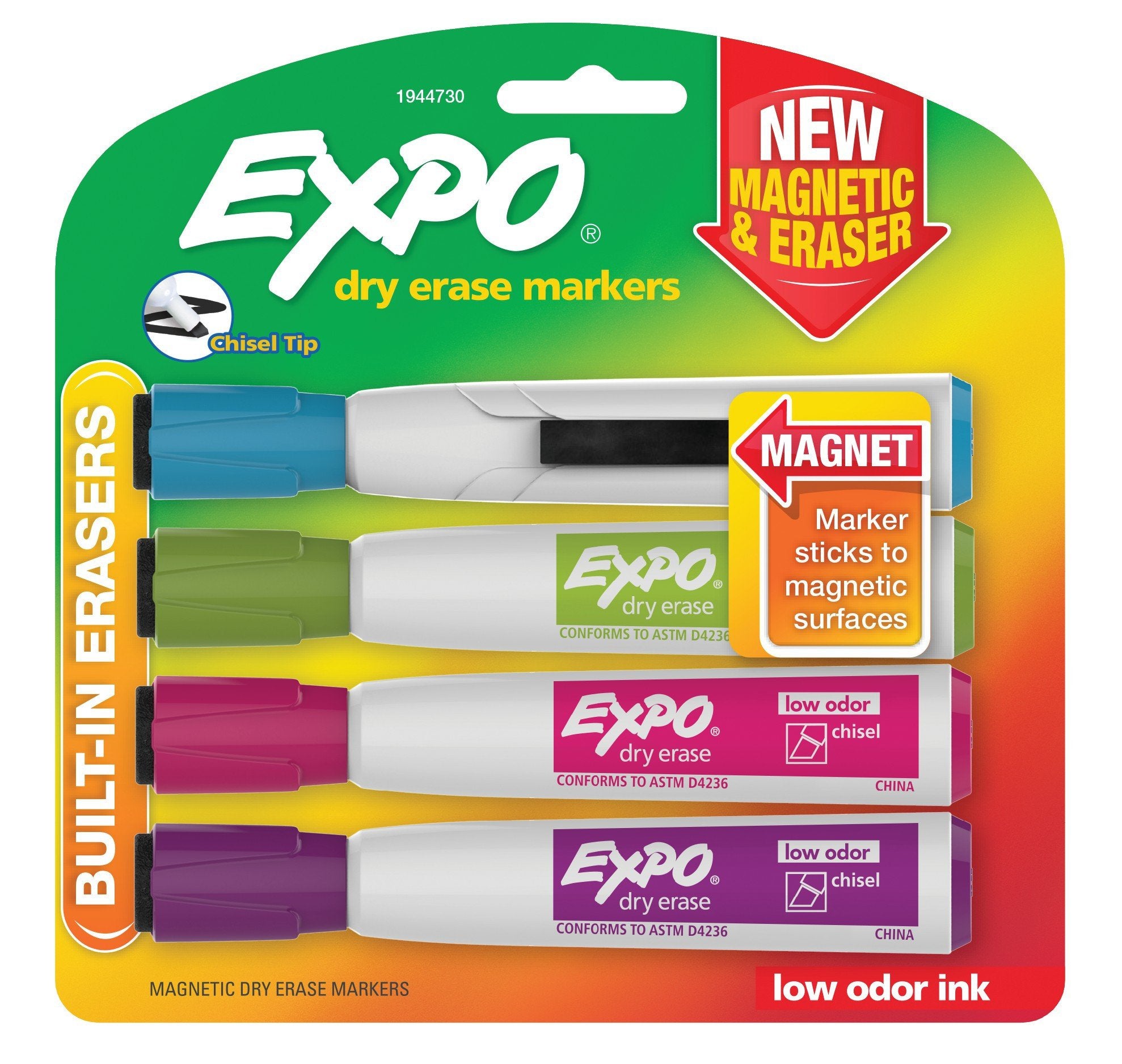 Expo Magnetic Dry Erase Markers With Eraser, Chisel Tip, Assorted Colors, 4-Count
