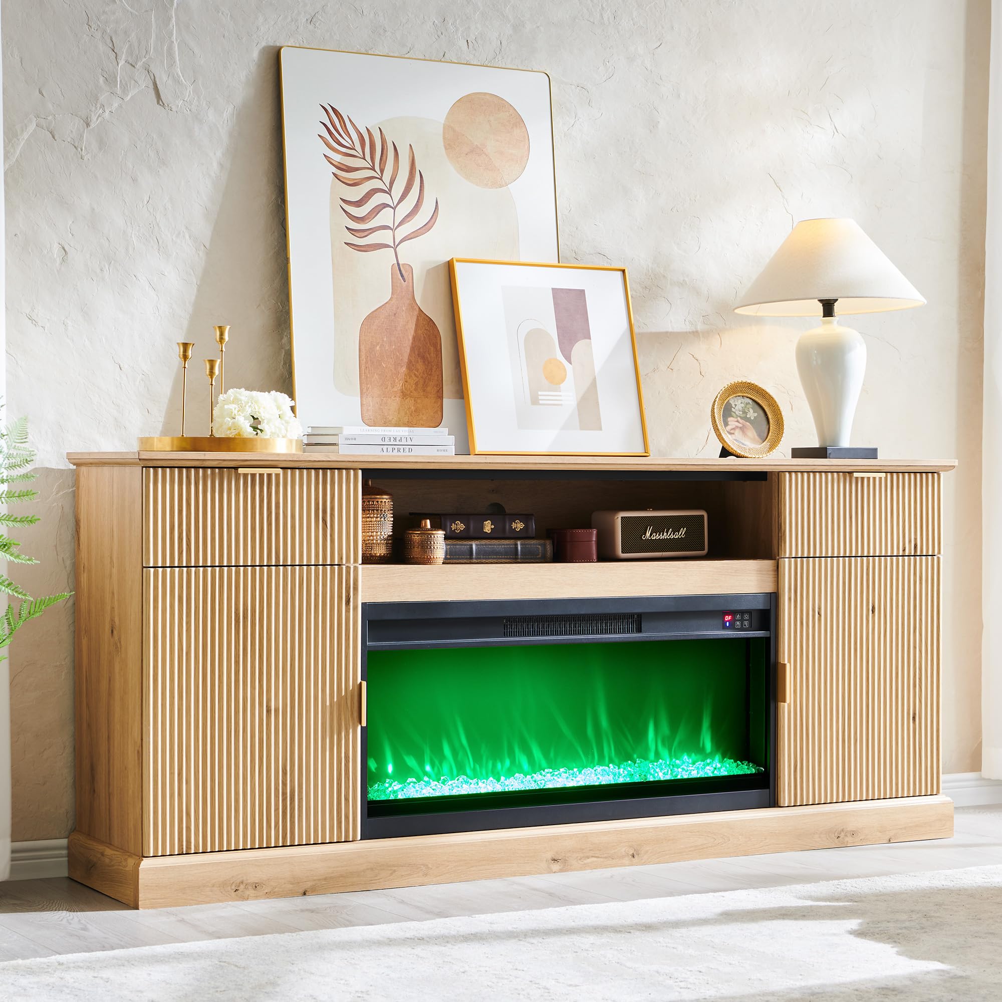 Ifget Fluted Fireplace Tv Stand For Tvs Up To 80 Inch, Modern Entertainment Center With 36 ' Electric Fireplace, Wood Media Con