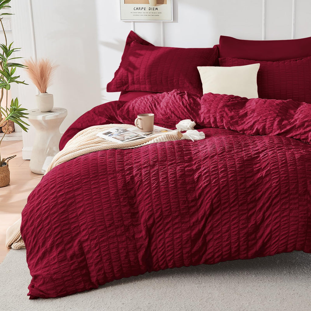 Hymokege Burgundy King Size Comforter Set Seersucker 7 Pieces, All Season Luxury Bed In A Bag For Bedroom, Bedding Set With Comf