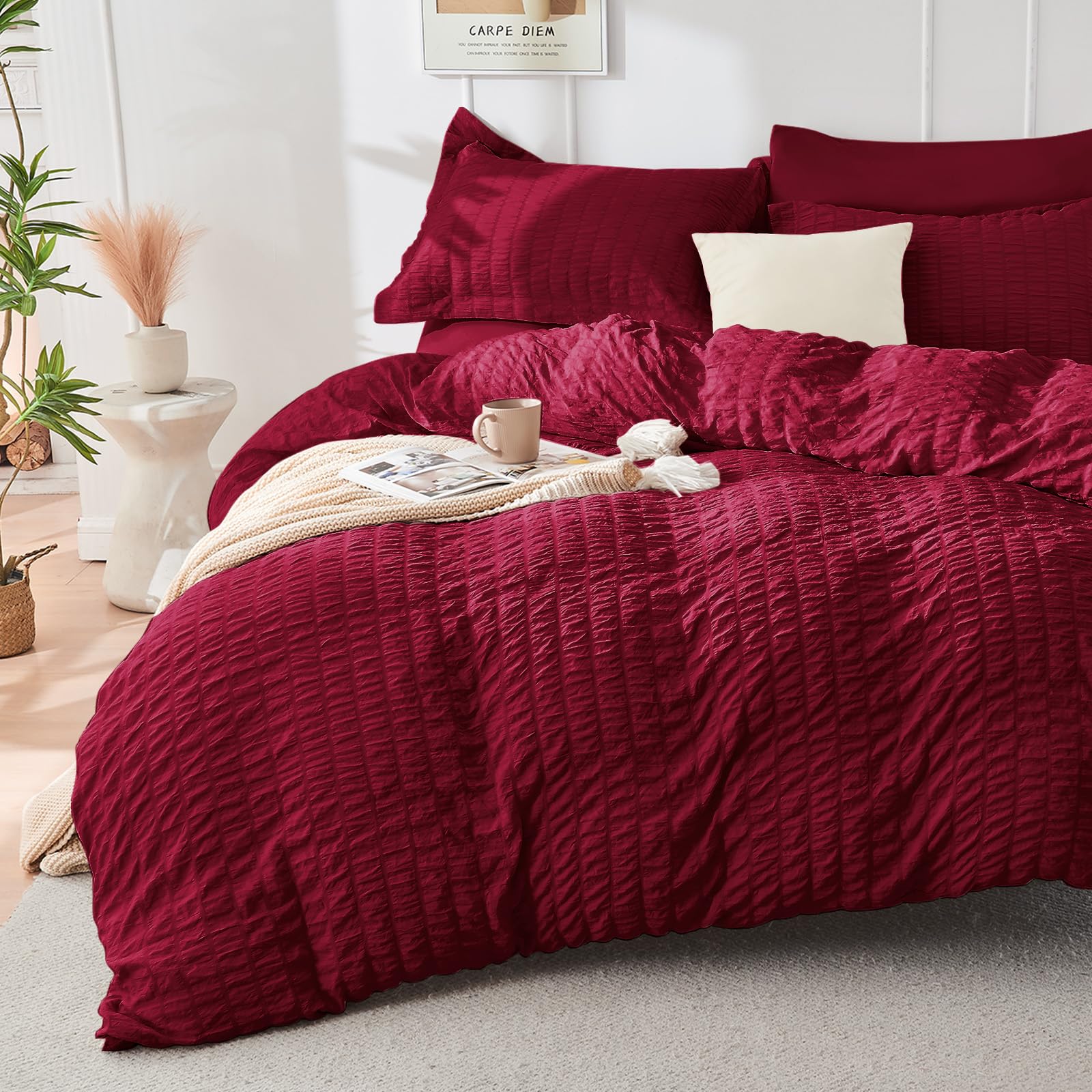 Hymokege Burgundy Queen Comforter Set Seersucker 7 Pieces, All Season Luxury Bed In A Bag For Bedroom, Bedding Set With Comforte