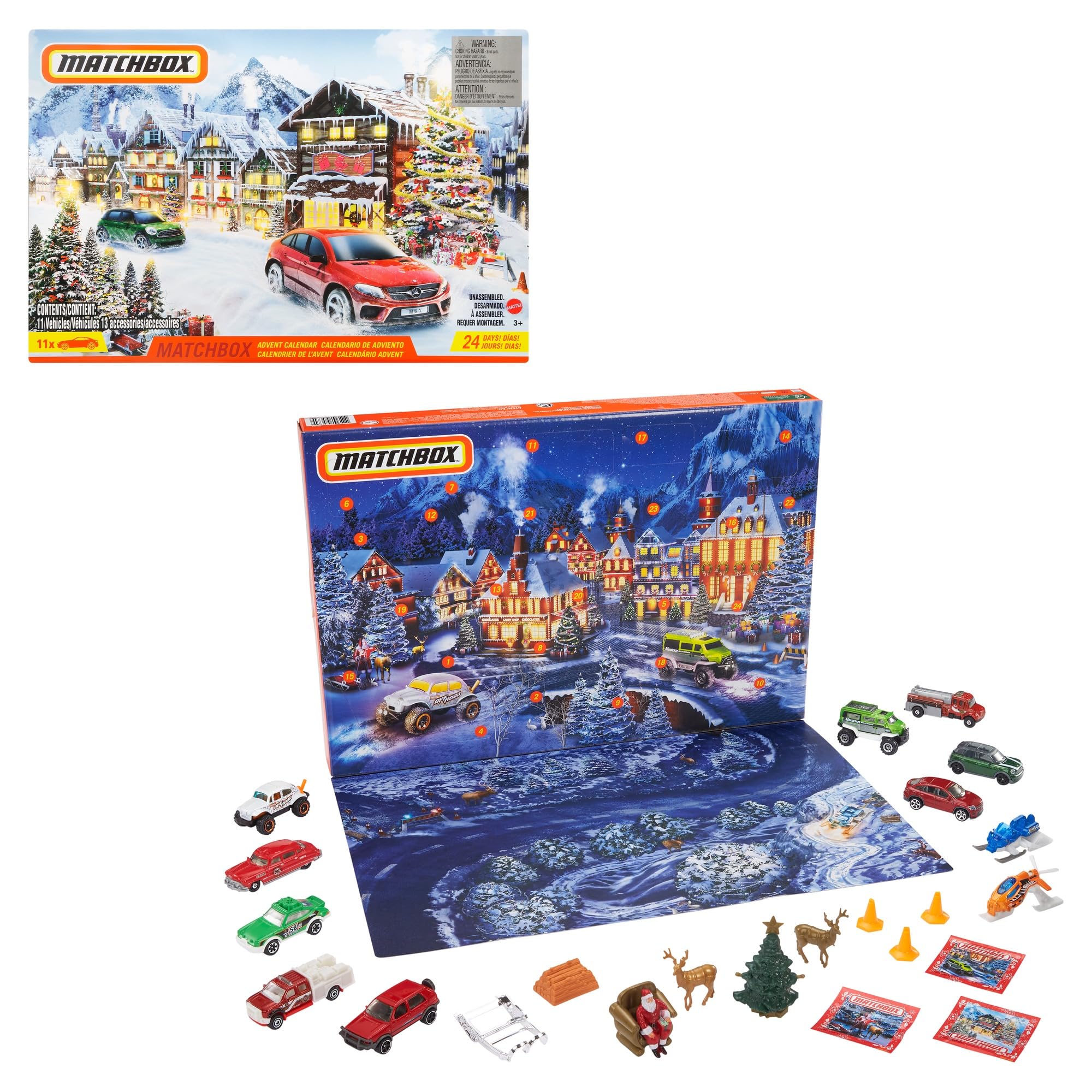 Matchbox Advent Calendar with 24 Surprises that Include 11 1:64 Scale Cars with Authentic & Holiday-Themed Decos & Accessories, 