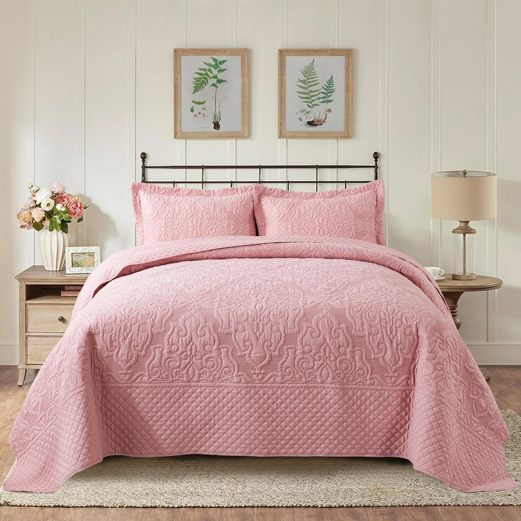 Newlake Quilt Bedspread Set, Pink Jacquard Embossed Floral Pattern Reversible Embroidered Microfiber Coverlet Sets, King Size