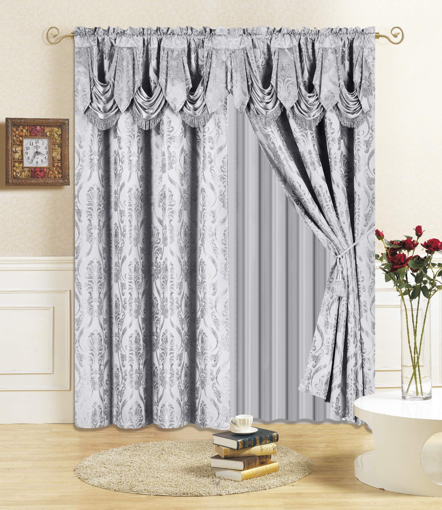 All American Collection New 4 Piece Drape Set with Attached Valance and Sheer with 2 Tie Backs Included (84 Length, Grey)