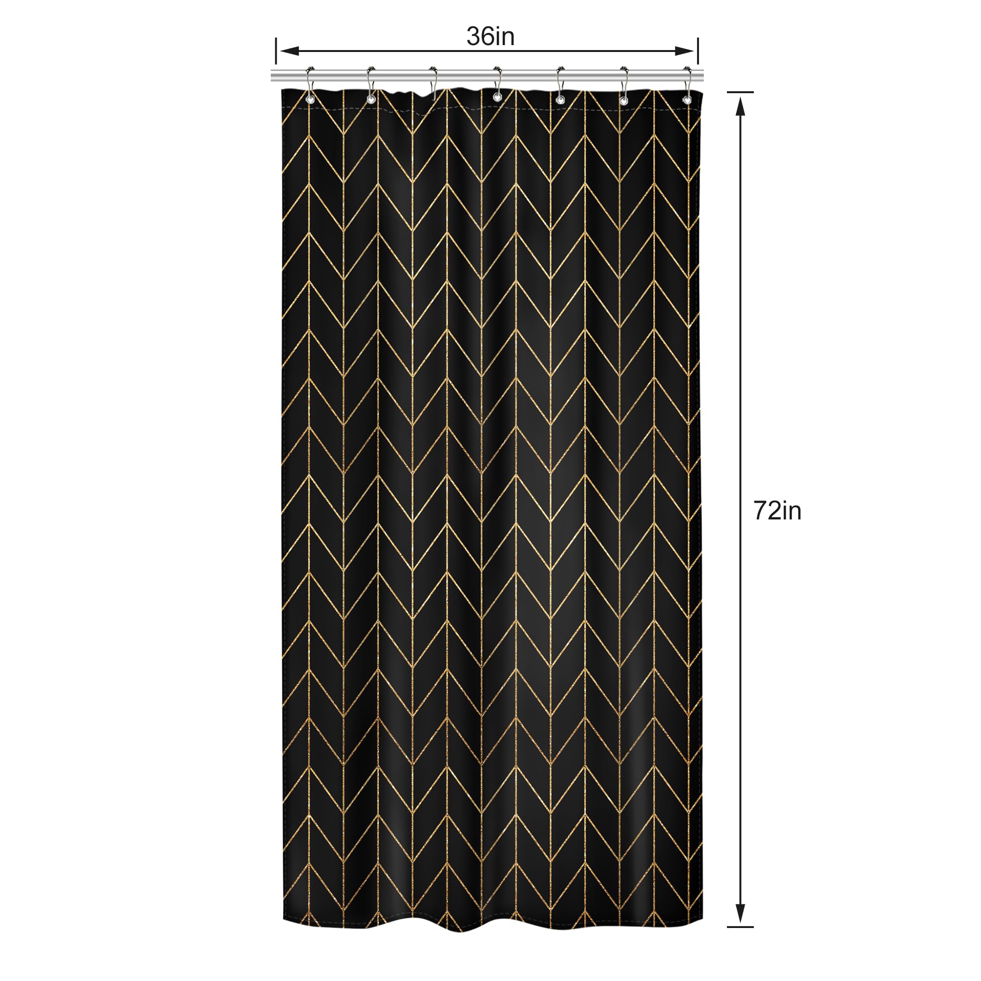 Riyidecor Small Stall Golden Black Chevron Shower Curtain Abstract Boho Herringbone Geometric Simple Striped Minimalist Modern 3