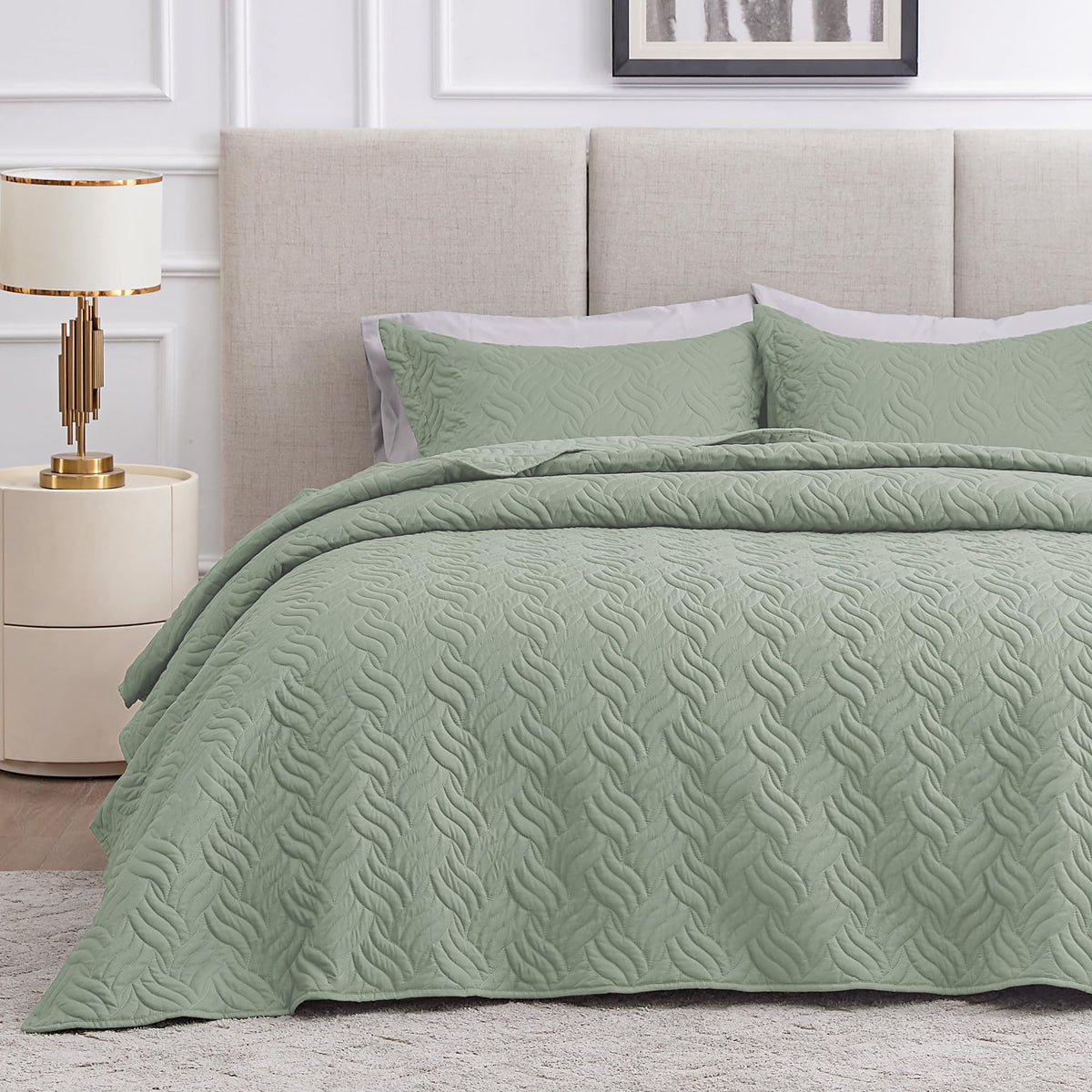 Love'S Cabin Twin Quilt Bedding Set Sage Bedspreads - Soft Bed Summer Quilt Lightweight Microfiber Bedspread- Wave Pattern Beddi