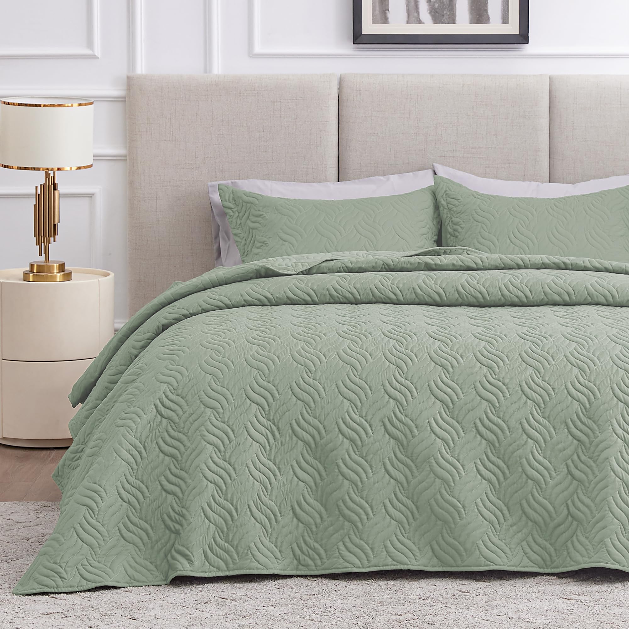 Love'S Cabin King Size Quilt Bedding Set Sage Bedspreads - Bed Summer Quilt Lightweight Microfiber Bedspread- Wave Pattern Beddi