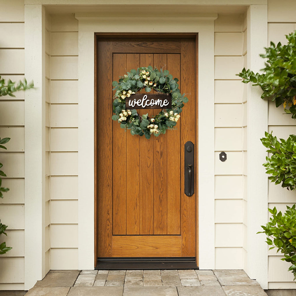 Sggvecsy Green Artificial Eucalyptus Wreath With Welcome Sign 20In Spring Summer Wreath With White Berries For Front Door Wall W